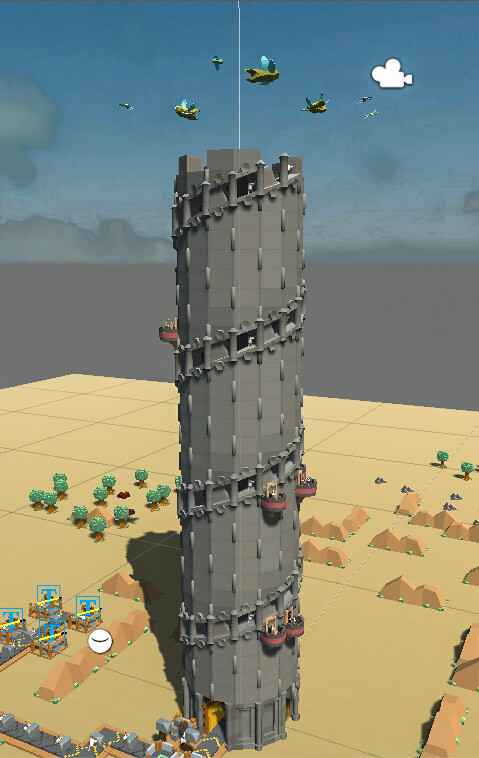 A view of the tower getting bigger while "bugs" attack from the sky. 