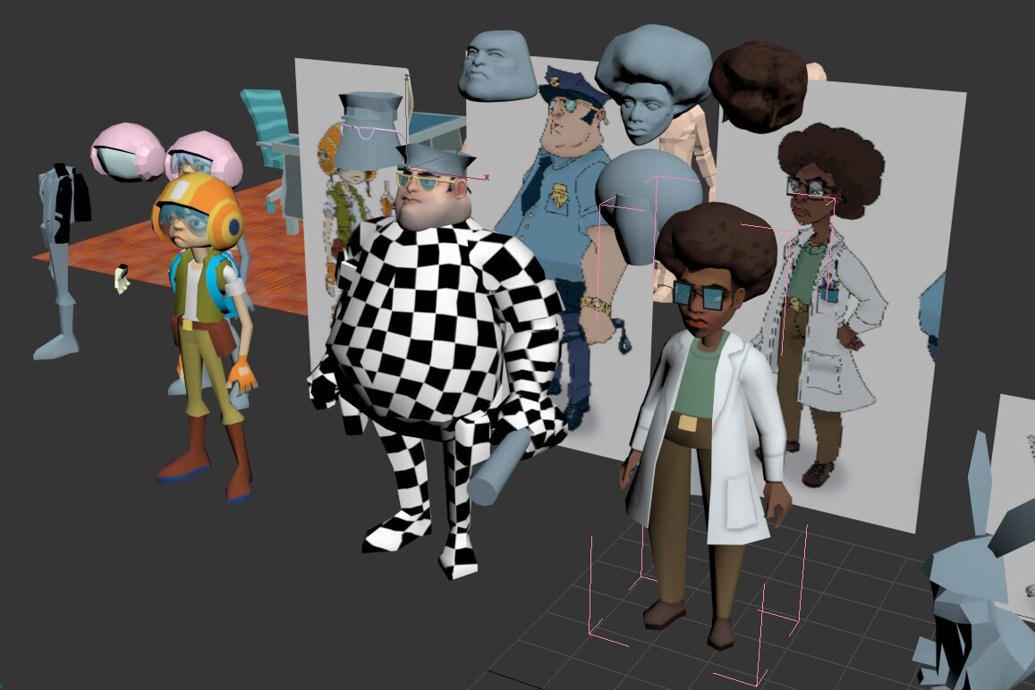 This shows how I quickly mocked up these characters in 3DS Max with some heads I sculpted in Zbrush.