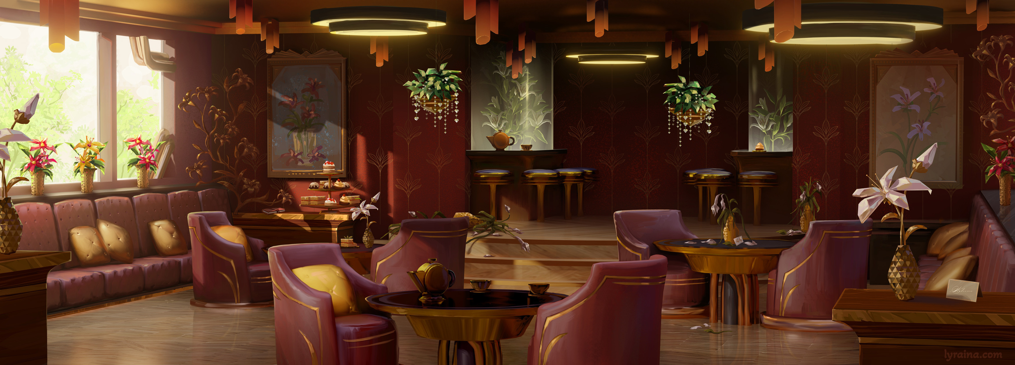 Gilded Lily Tea Room: Built in Blender, reusing props made by Max Wilson, painted by me.