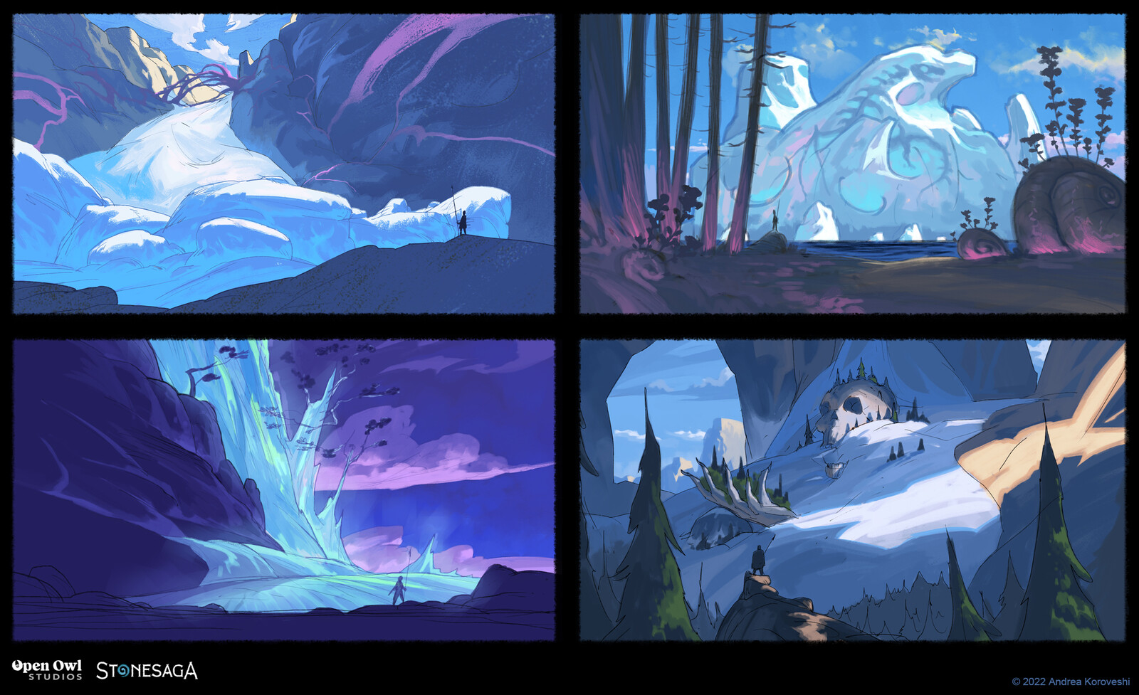 Four sketches exploring the game's theme early in development. 1 and 4 ended up fully rendered. 