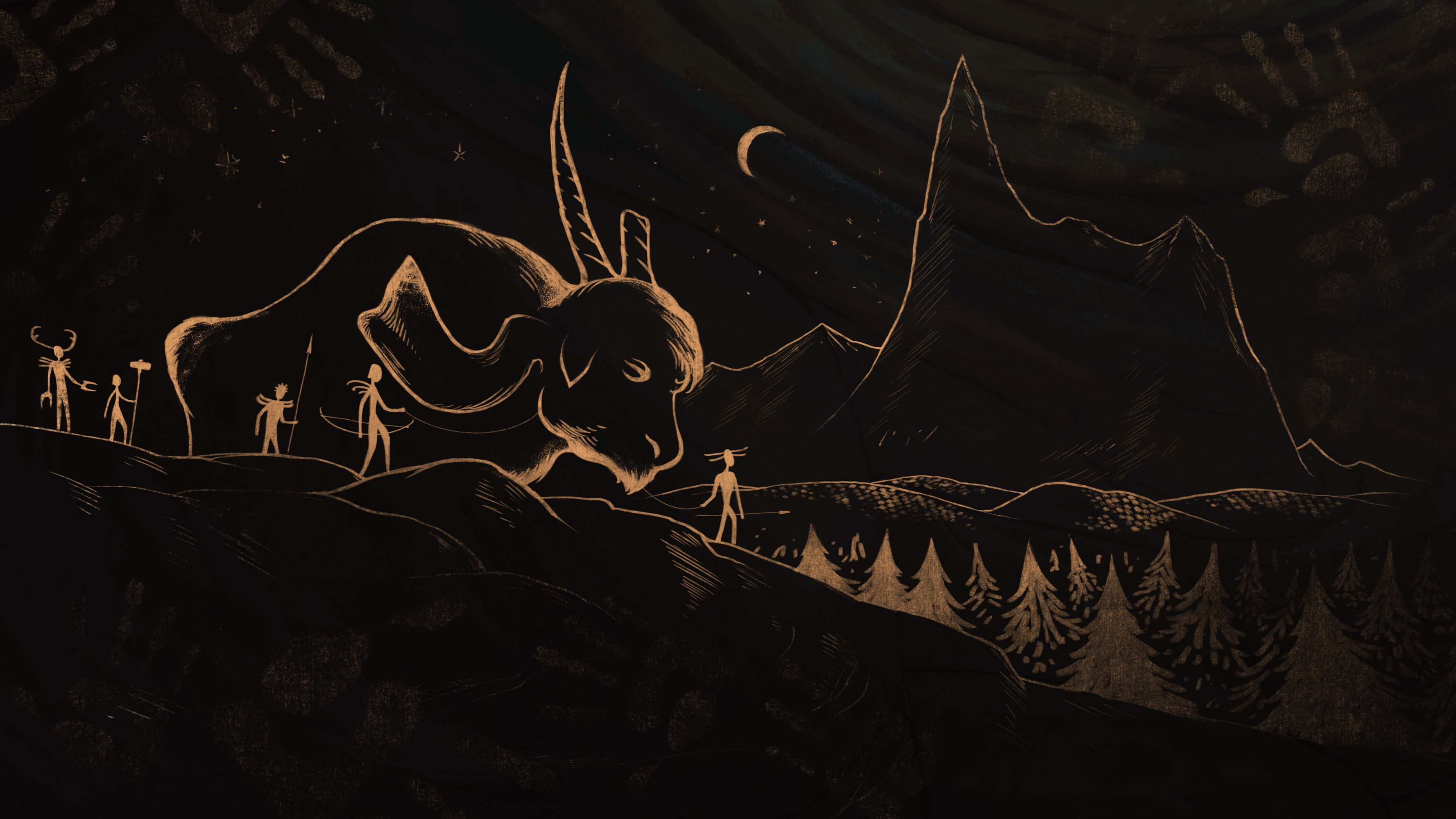 Cave painting depicting the tribe arriving to their settlement. The one horned Orrox dominates the scene.
