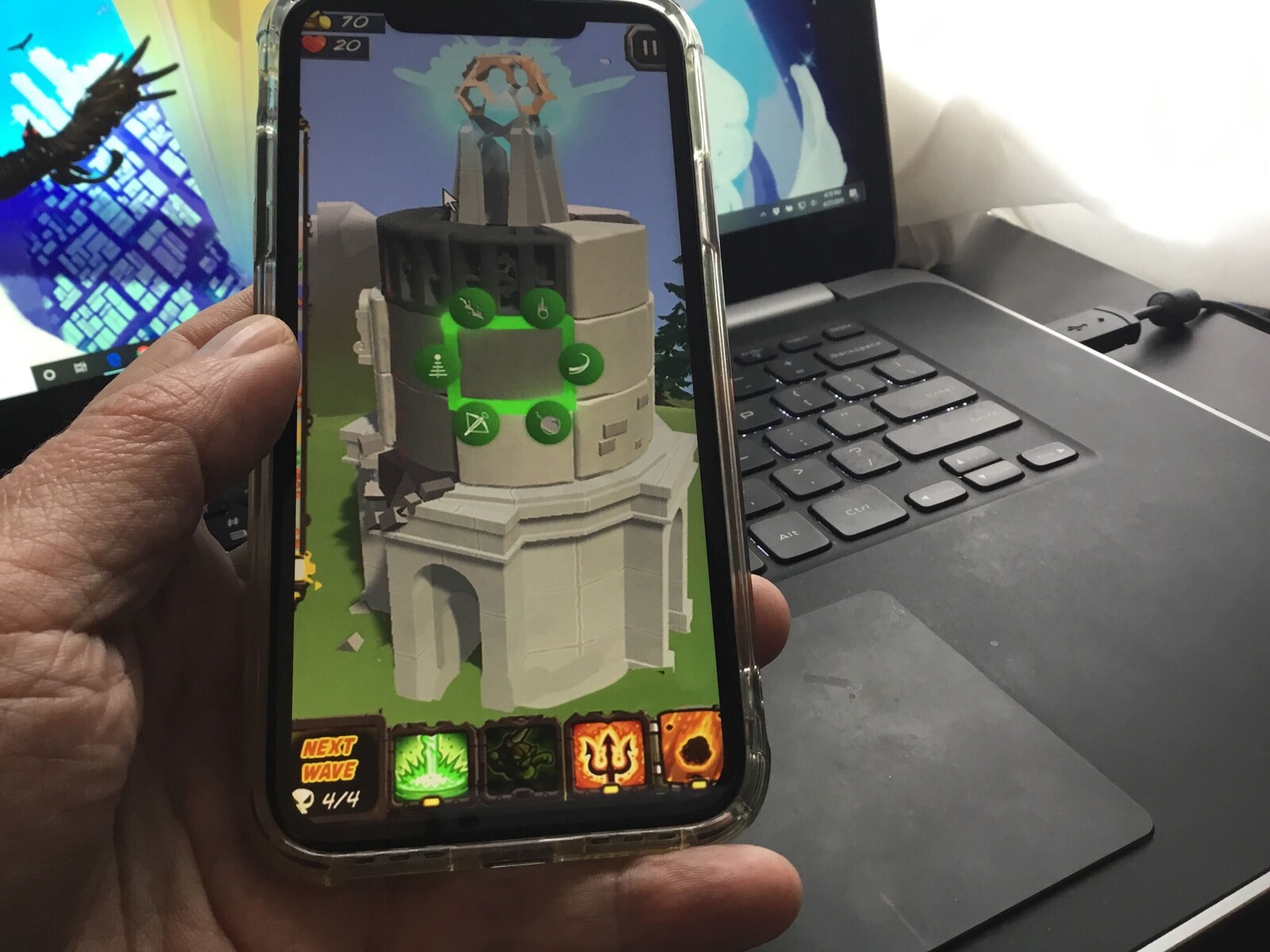 A prototype on the Iphone. This was put together with rough models and UI but allowed us to iterate on the gameplay feel very quickly.