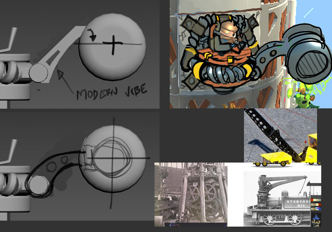 Working sheet for the Giant Hammer Smasher. Lots of reference to turn of the century mechanisms.