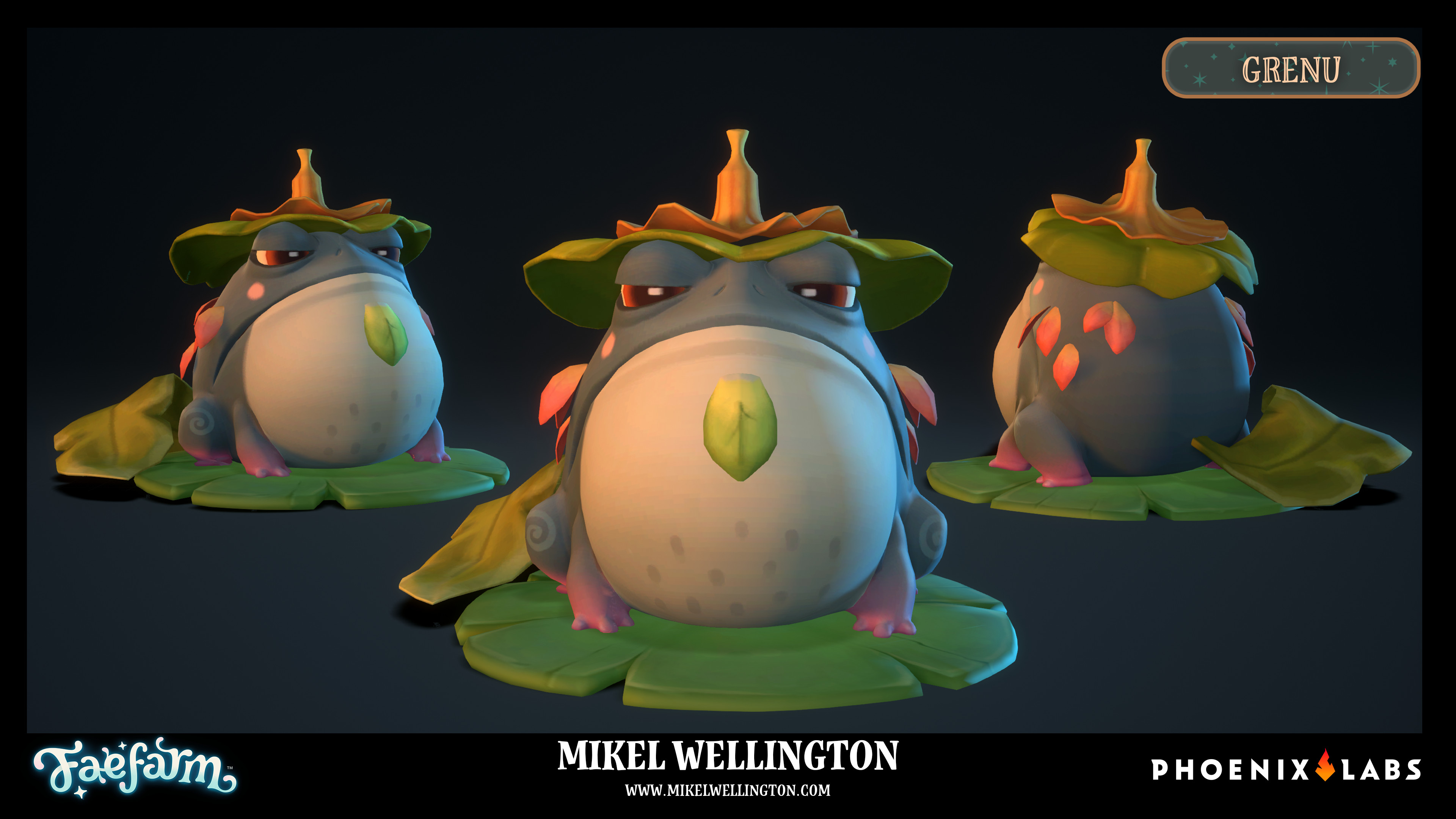 The main NPC of Fae Farm : Coasts of Croakia! This is Grenu! 

Model + Texturing - Mikel Wellington
Original Concept : Michelle Ang
Rendered - Unreal Engine