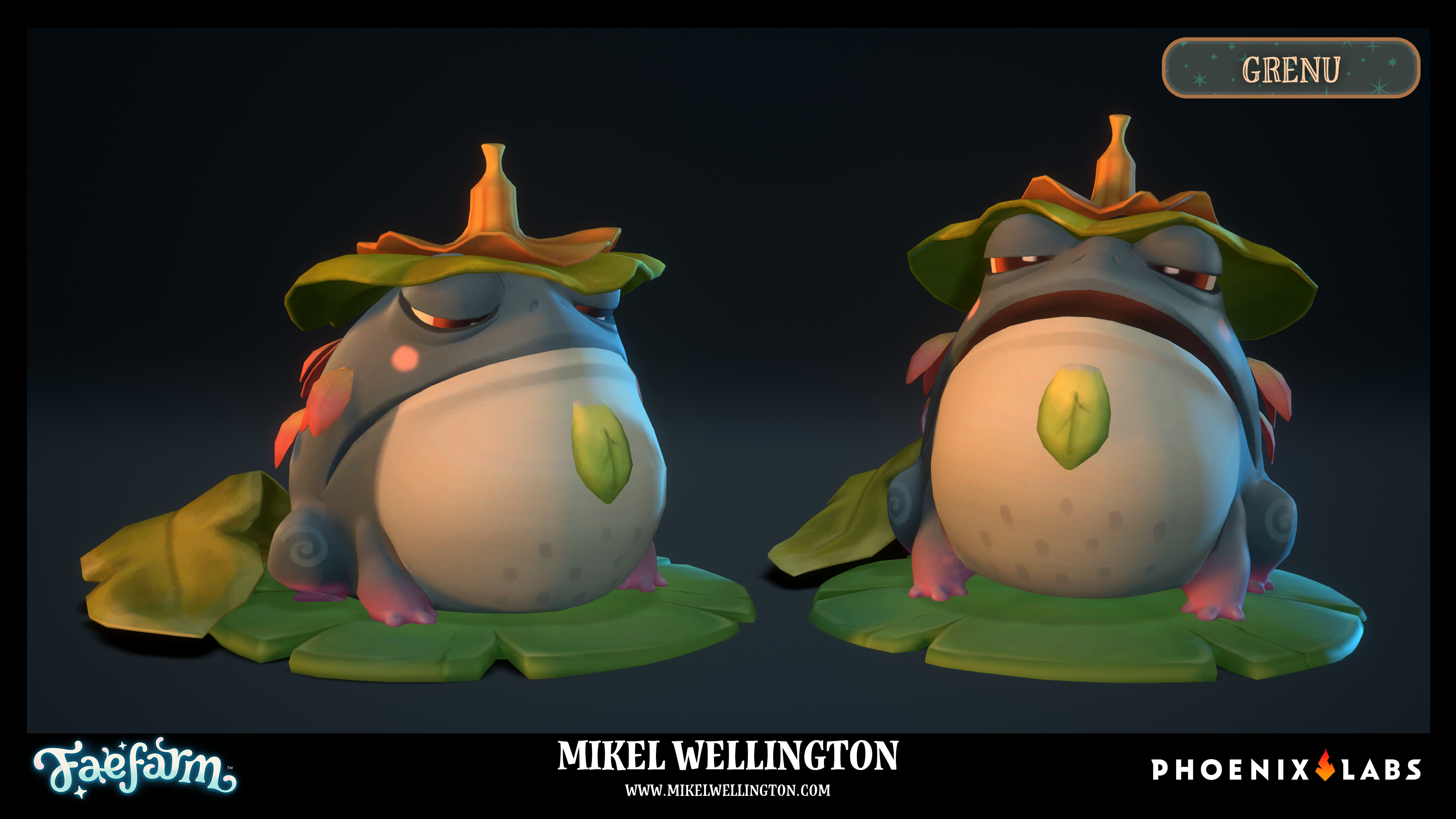 The main NPC of Fae Farm : Coasts of Croakia! This is Grenu! 

Model + Texturing - Mikel Wellington
Posed By: Nick Unden
Original Concept : Michelle Ang
Rendered - Unreal Engine