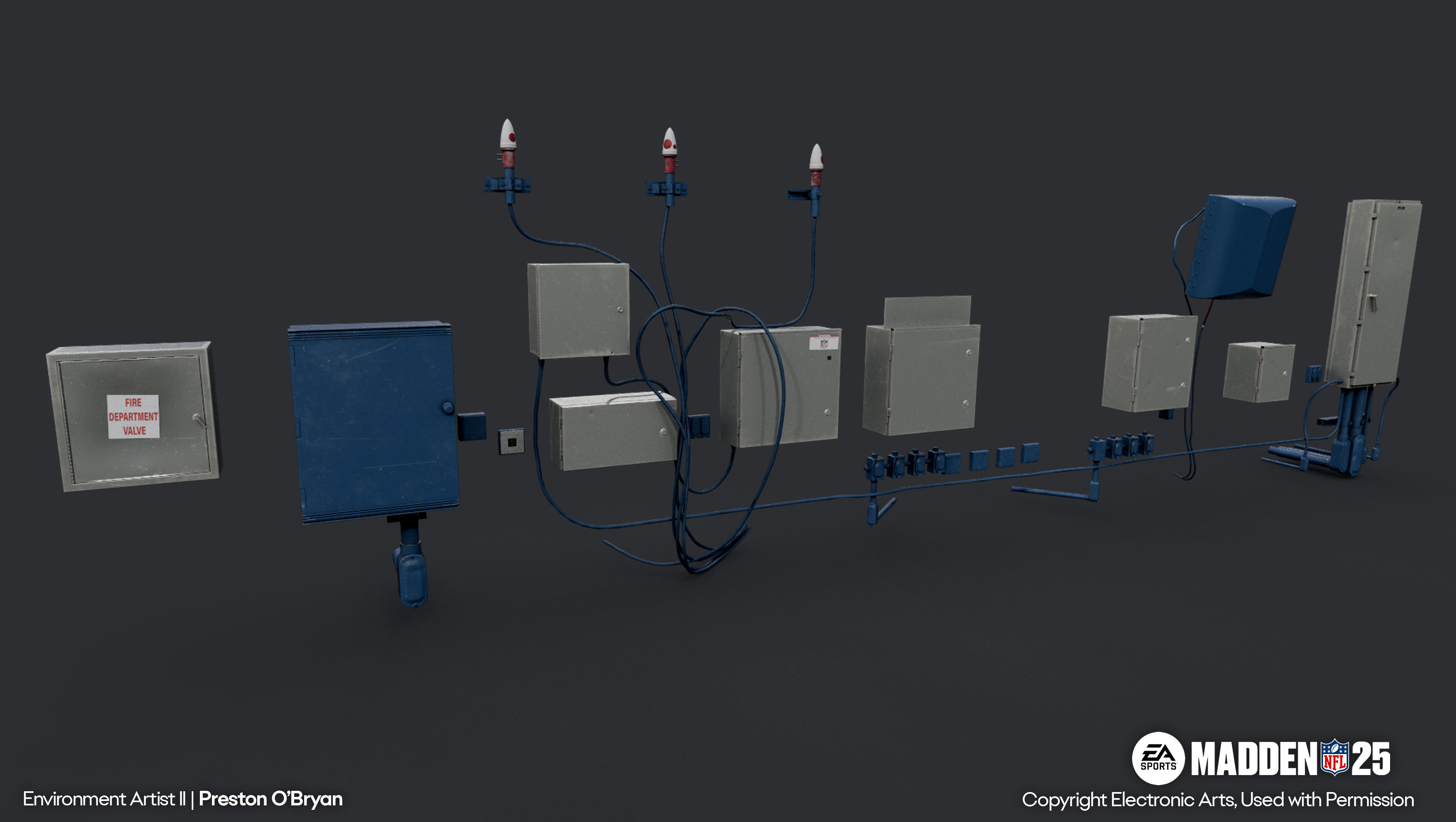 Electrical box assets used as a primary piece on the Buccaneers edgewall and later converted into a modular kit to be used in other stadiums (specifically the gray boxes).