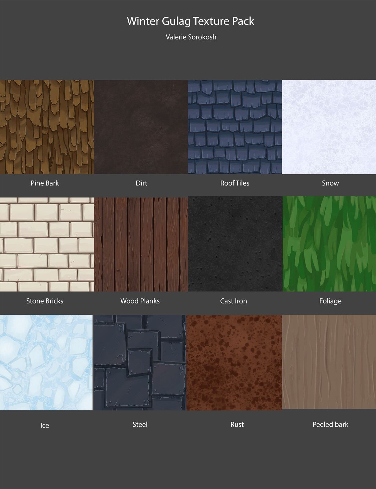 Collection of the other seamless textures I have painted for the  environment, including the landscape, wood and metal textures.
