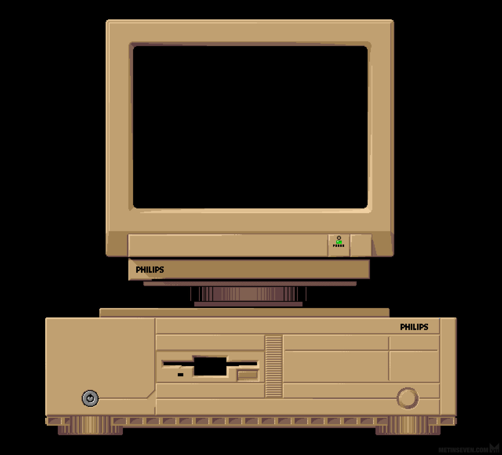 One of my first-ever commercial jobs, in 1990. Pixel art of a Philips P3348 386 SX PC for a large screen at a former annual technology fair in the Netherlands called Firato. Pixeled this in Deluxe Paint ("DPaint") on an Amiga.