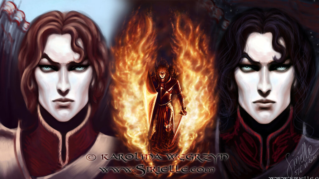 Fëanor in the Age of Stars and Maedhros in the I Age of Sun (2010). Both portraits are steps of the same image, inspired by the way Ayami Kojima paints bright eyes and delicate faces full of light, even when surrounded by darkness and nightmares.