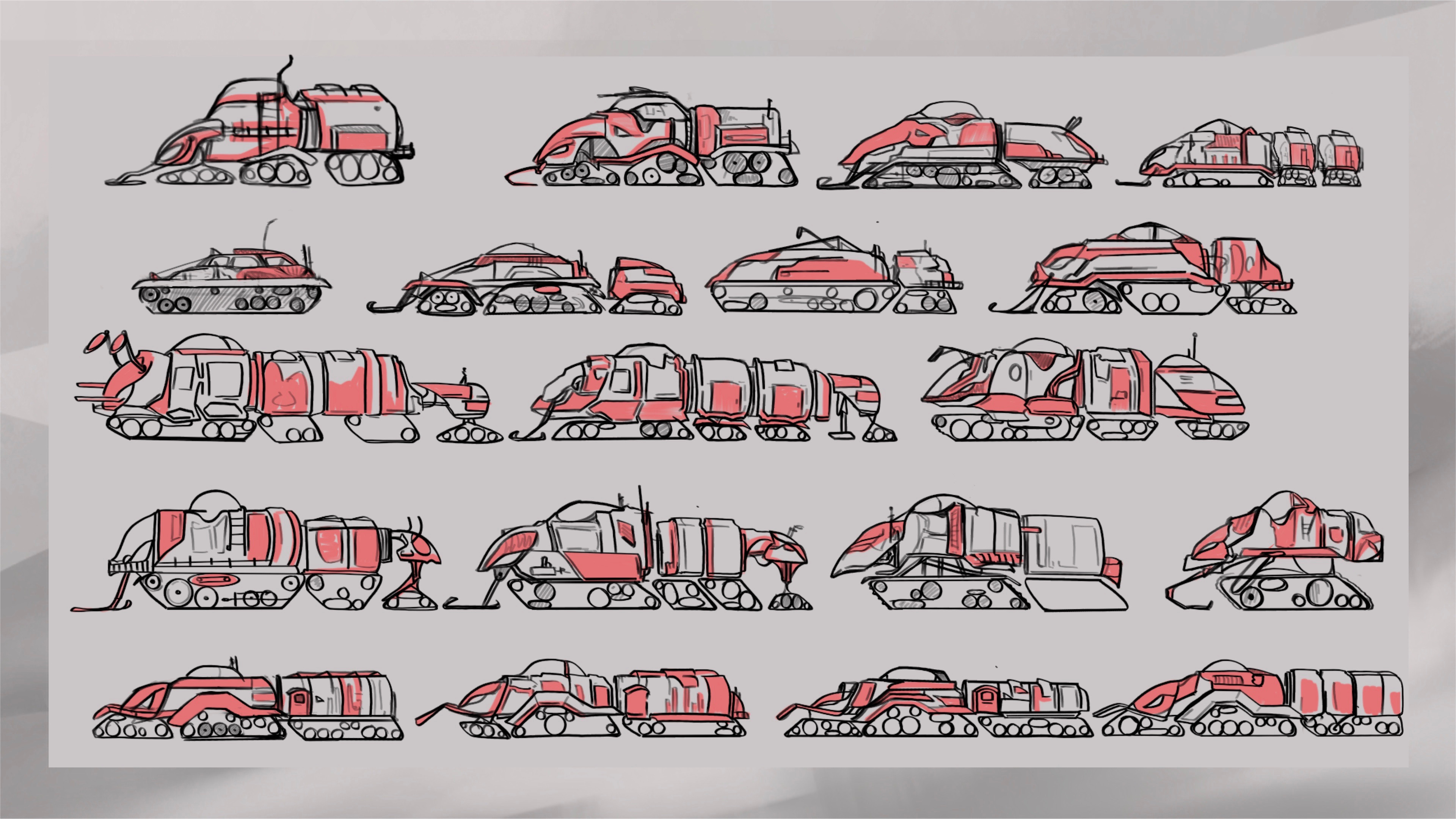 This Vehicle was designed around Millipedes. A burrowing animal - since this vehicle would need to enter mines to reach trapped miners it needed to be slim enough to fit into smaller pathways, but big enough to collect 6 or more people.