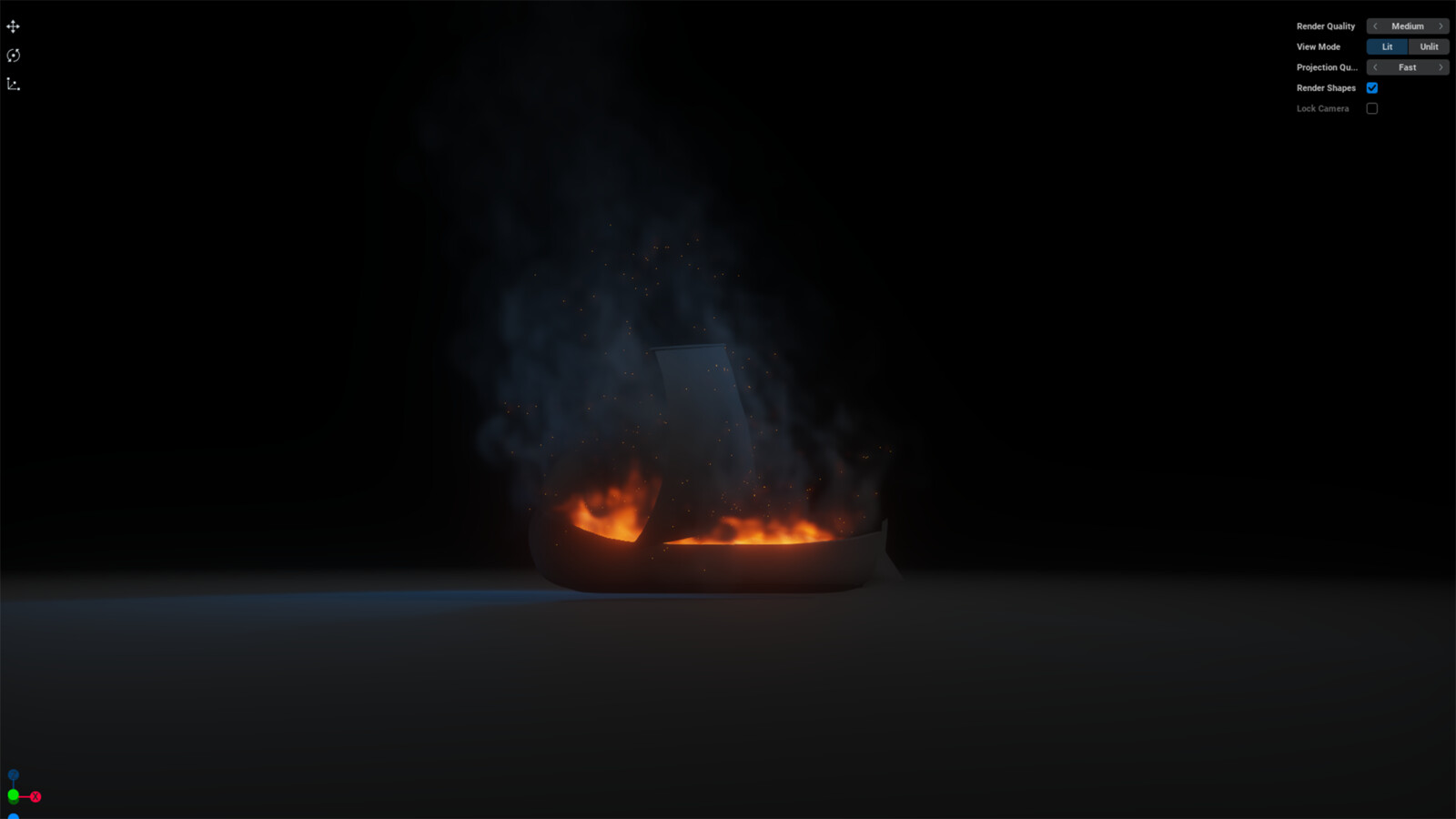 Tested a physical model of the collision of a flame with boat and sail / EmberGen
