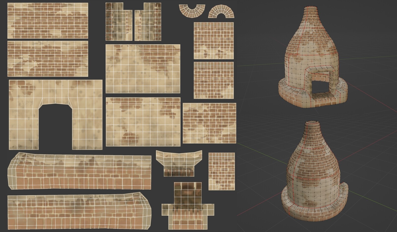 To get the initial brick pattern I created a different UV layout using a trim sheet technique, then reprojected onto non-overlapping UVs for the final sculpt.
