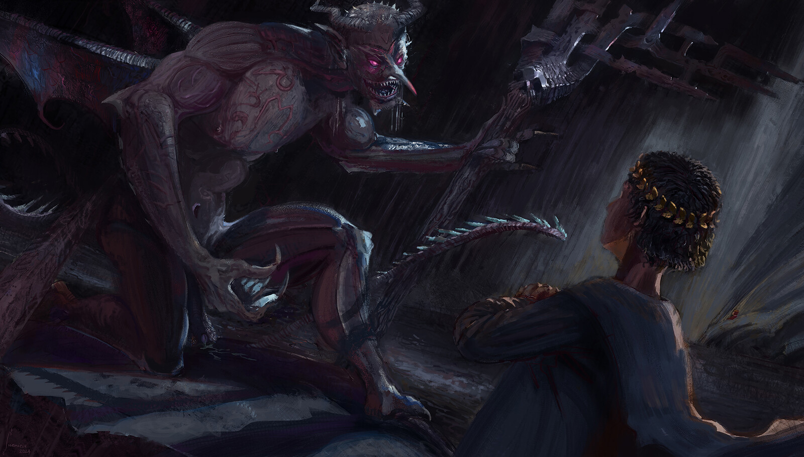 Virgil negotiates with Malacoda for safe passage through the layer