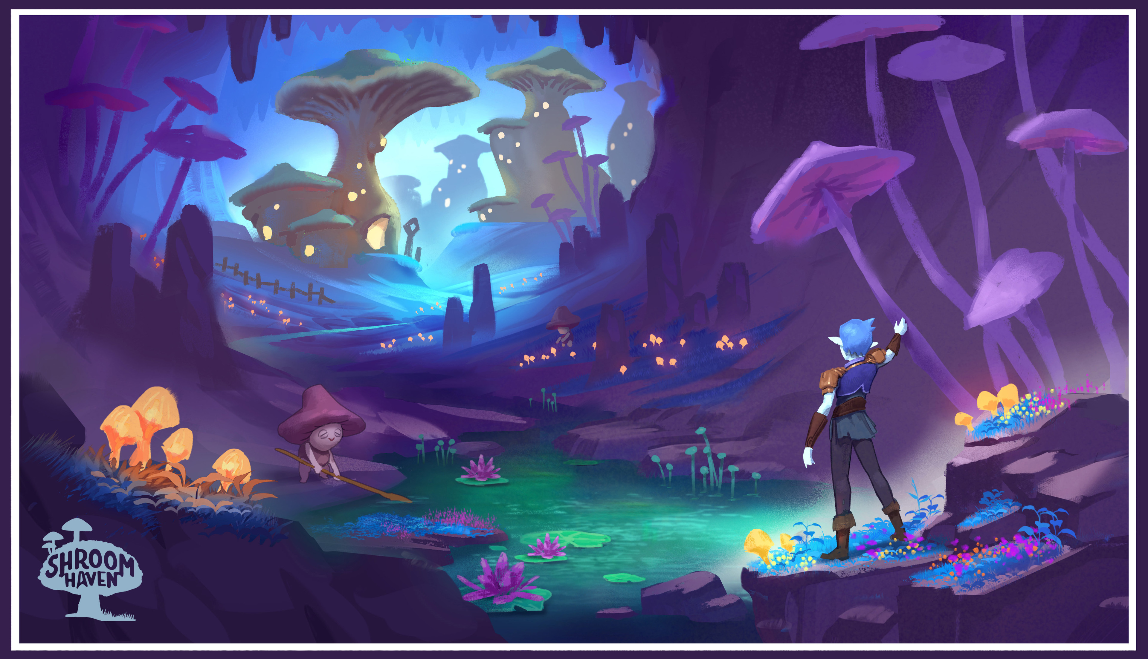 One of the earliest sketches of the Shroom Haven concept included the idea of a humanoid character coming across the mushroom city while exploring underground.