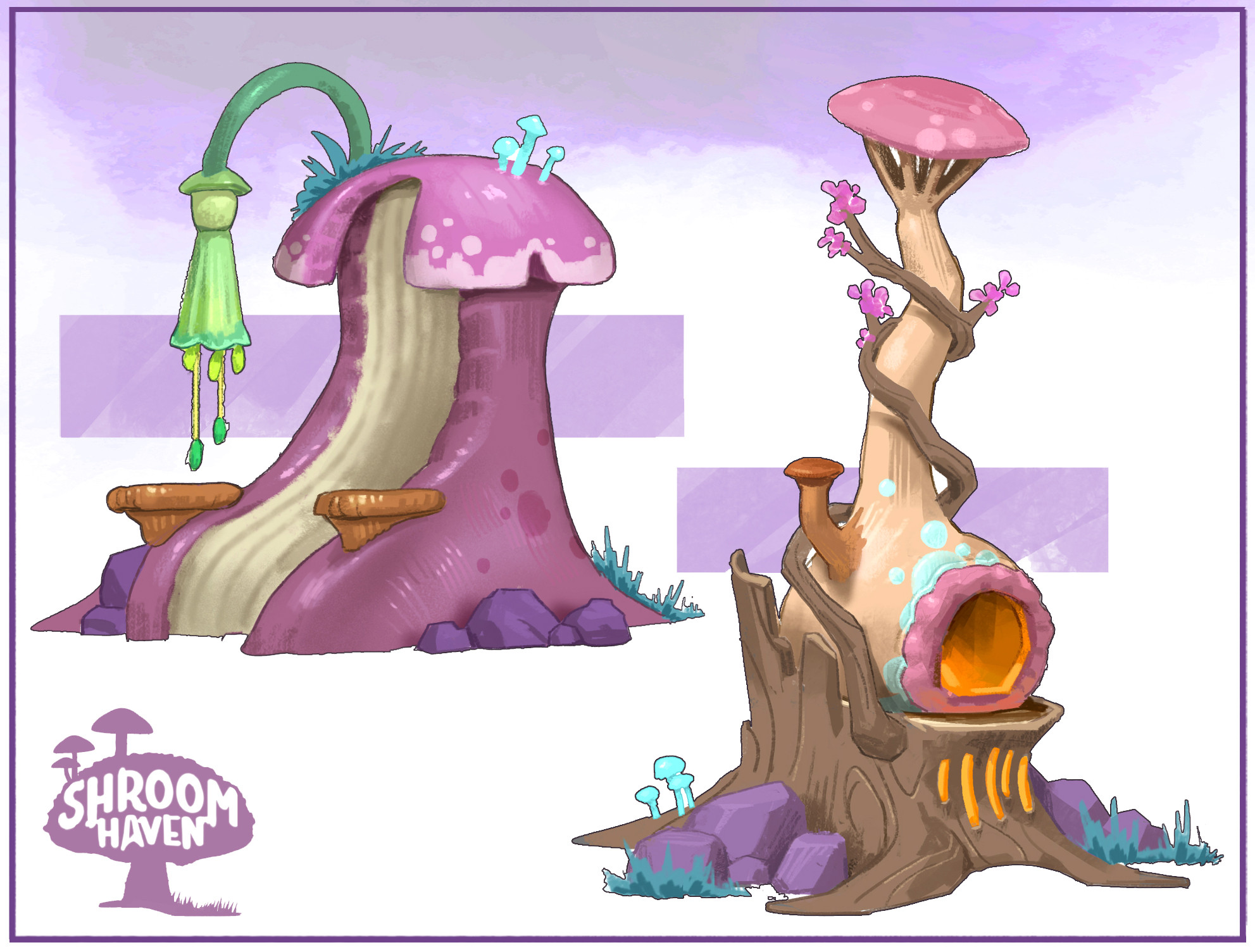 Shroom Haven Props I. An armchair and furnace. Objects in Shroom Haven are not built or constructed, but rather grown from naturally-occurring mush-terials.