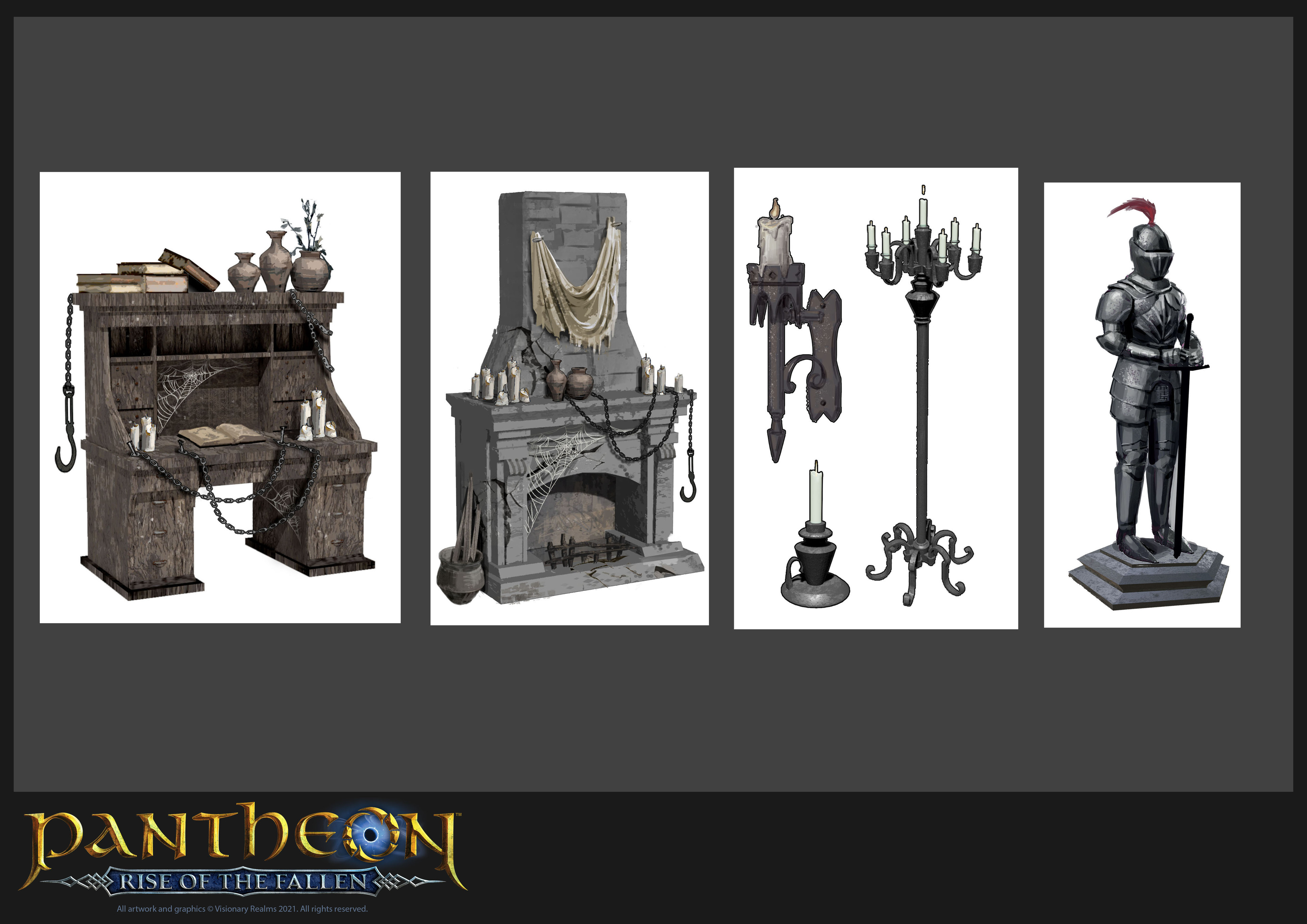 Props: desk, fireplace, light fixtures.