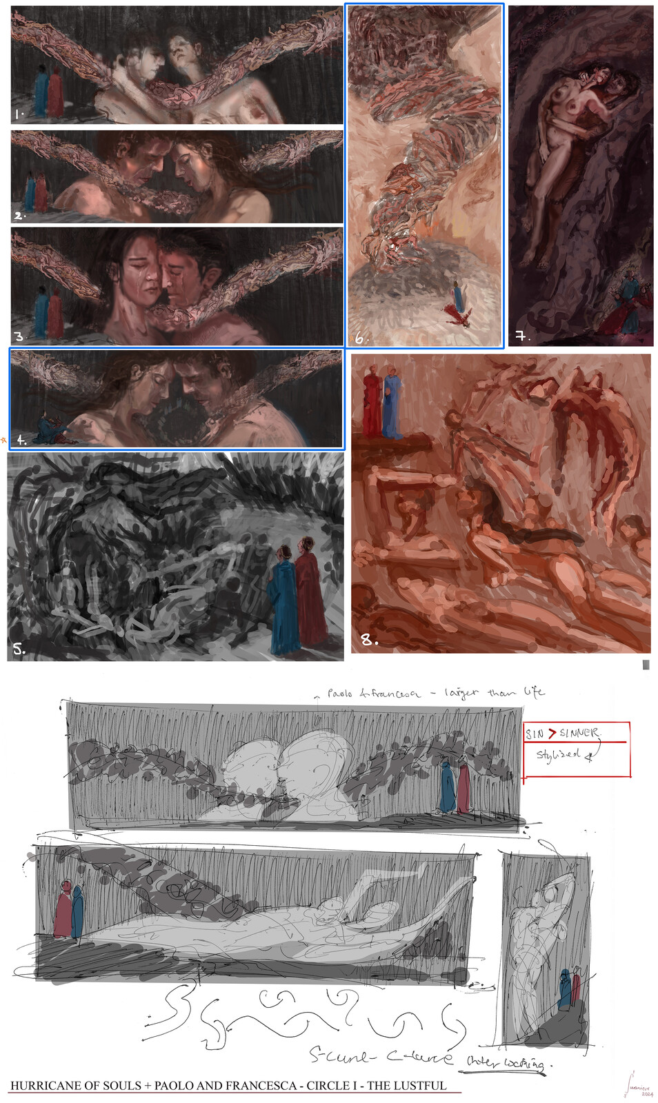 some exploration of different ideas for The Lustful including for Paolo and Francesca.