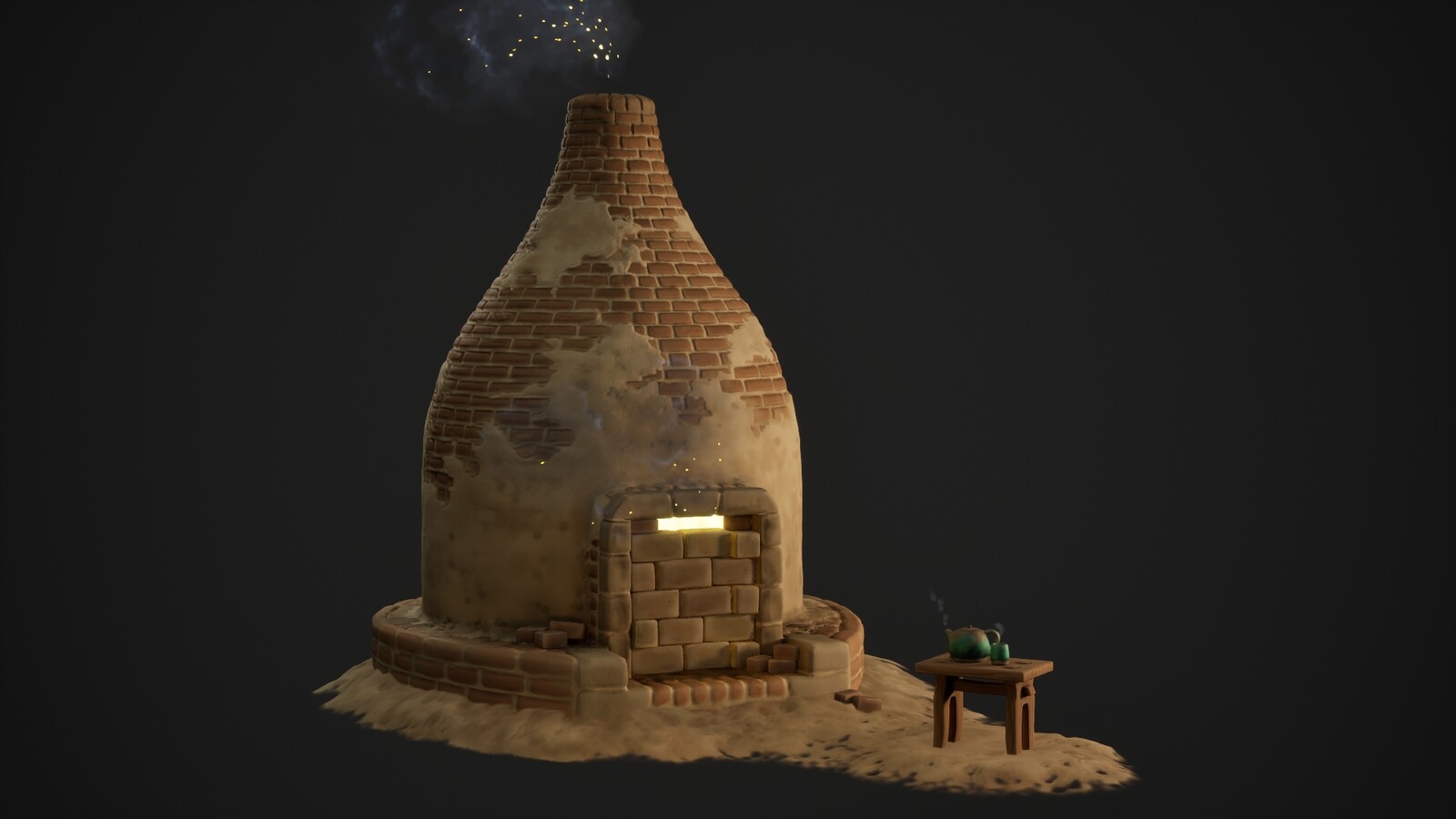 Render of the model in UE5. The ceramic artist is patiently monitoring the kiln with a cup of tea. 