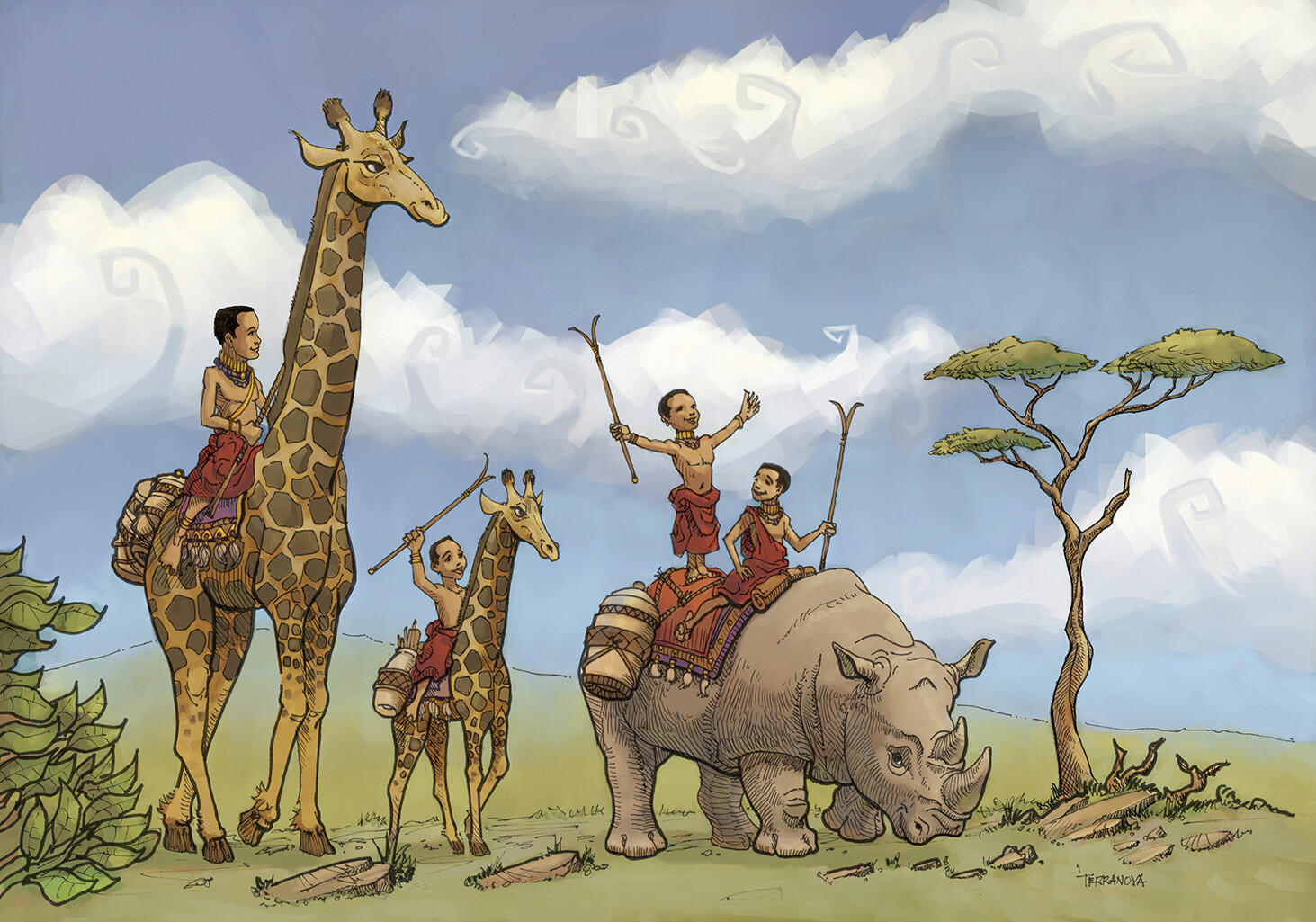 Children's book illustration of a father and his children traveling to the sea.