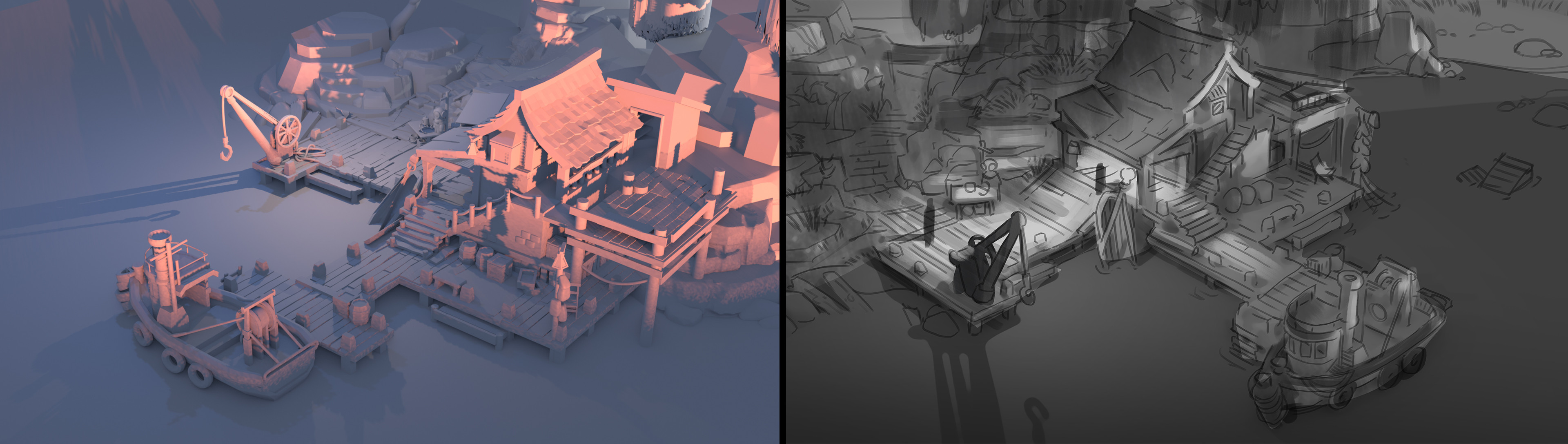 uncolored 3D model + original composition sketch