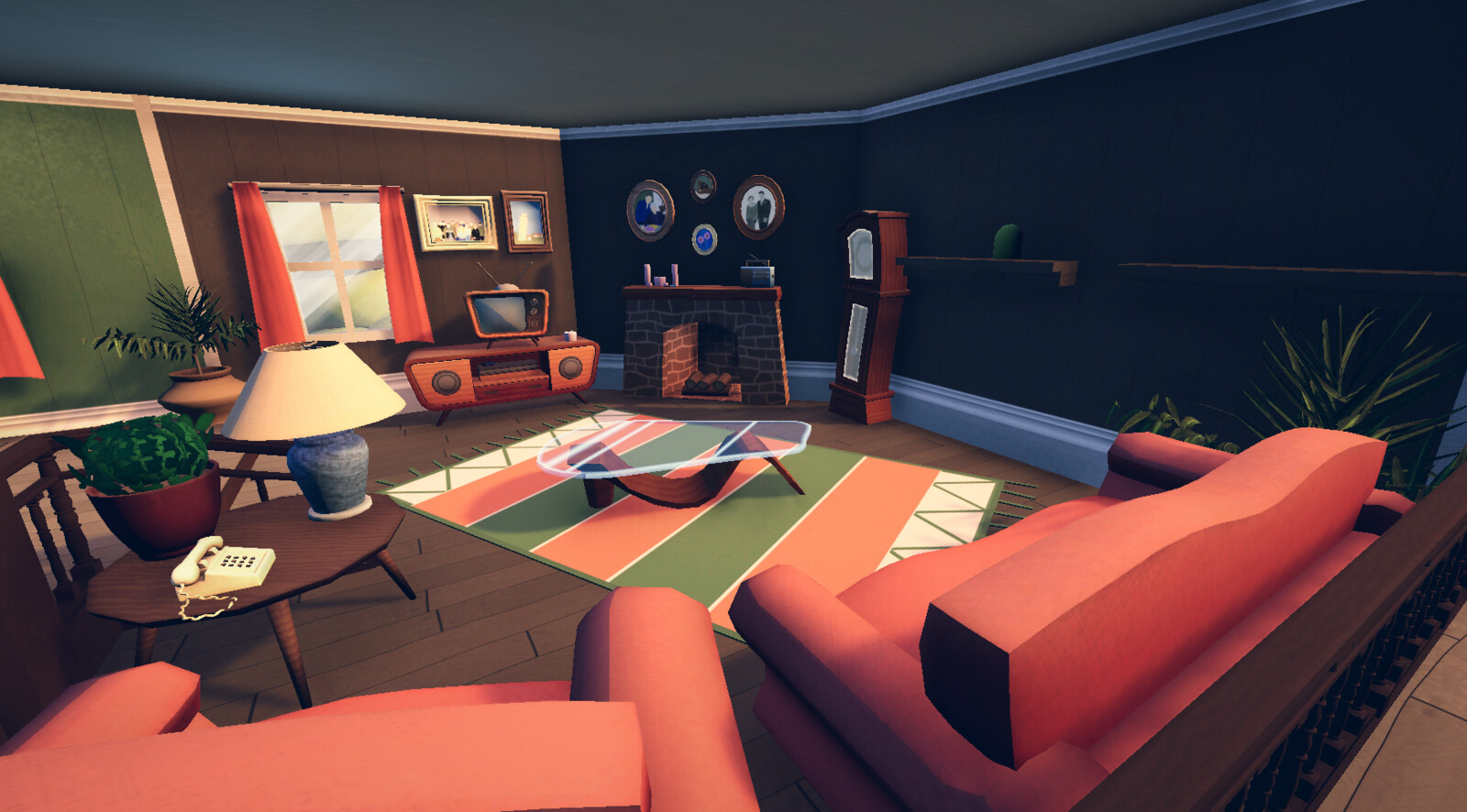 Living Room Setdressing. I designed the furniture and level geometry, while the decor was supplied by the Slugworks art team.
