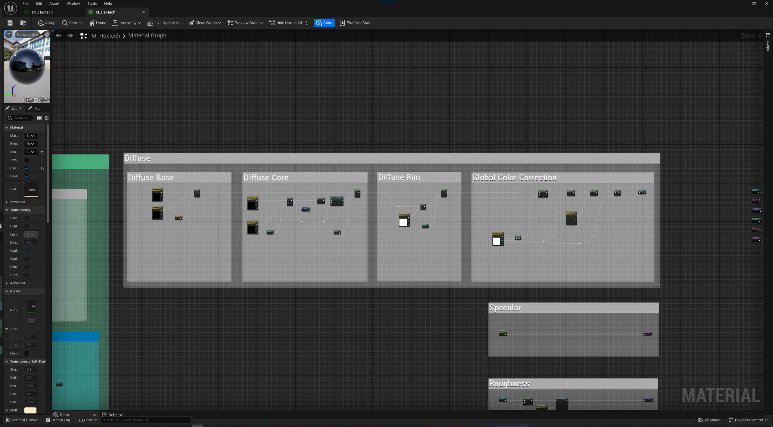 The diffuse setup, by creating masks and using name reroutes I was able to have the most control while keeping my shader easy to read, everything is modular so its easy to change and debug things 