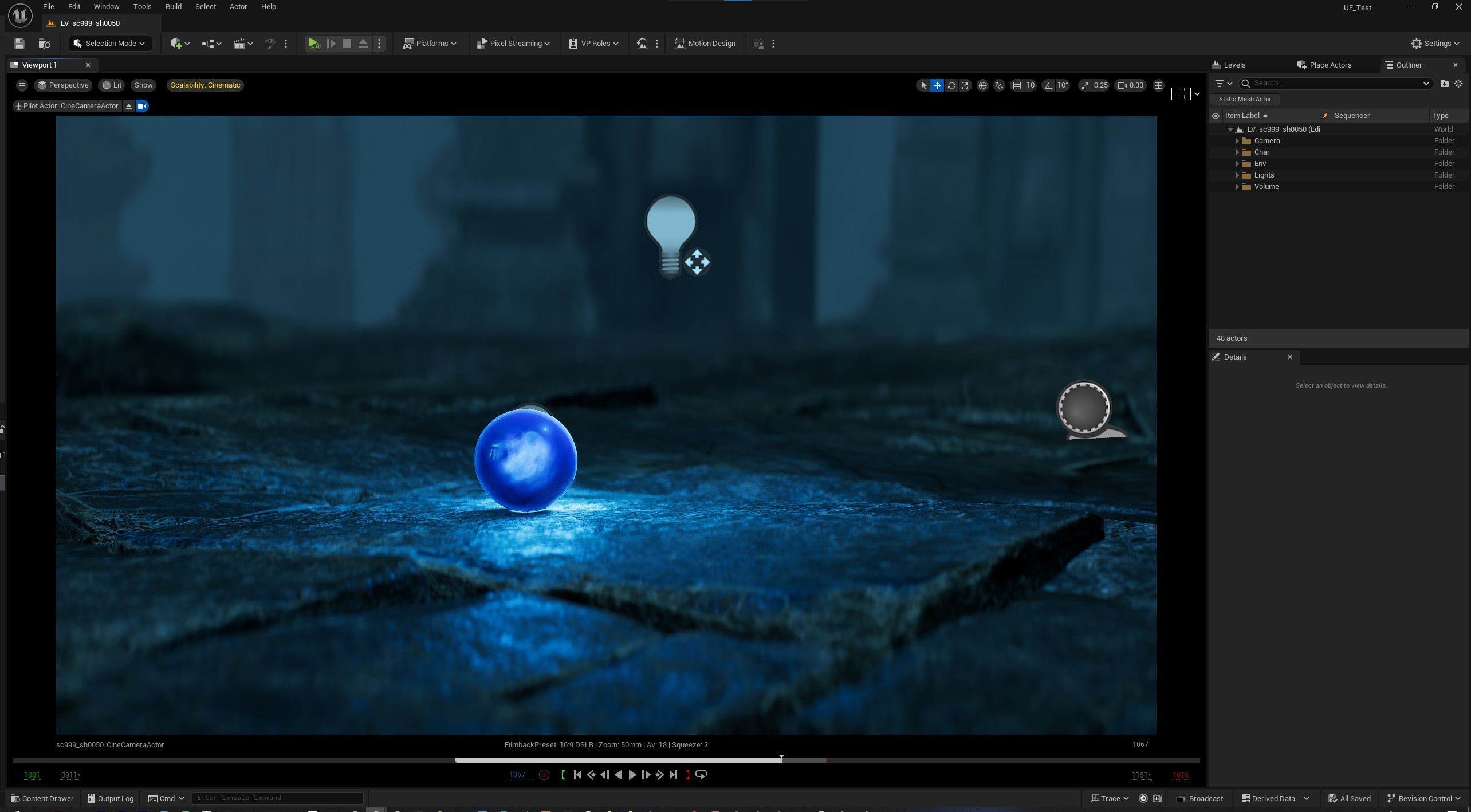The scene setup inside Unreal Engine 5.4 with some very basic light setup for the scene and some lights attached to the sphere 