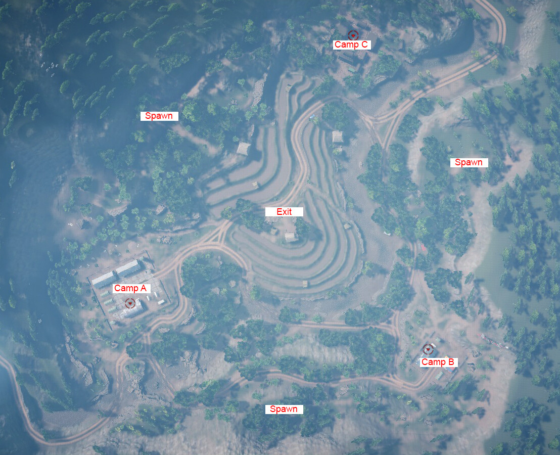 The idea behind it was to have 3 distinct locations on the sides, 3 spawn points in between and 1 exit point in the middle so that players would be encouraged to tackle the objectives in whatever order they prefer.