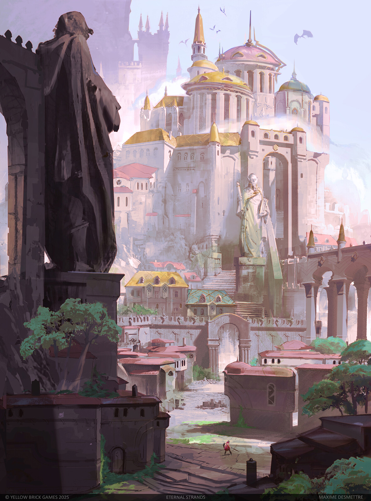 A general view of Dynevron - the capital city. 3D base in Blender for some of the buildings.
As always in concept art for locations that are built around gameplay and navigation, this remains inspirational and will evolve with the level design needs.