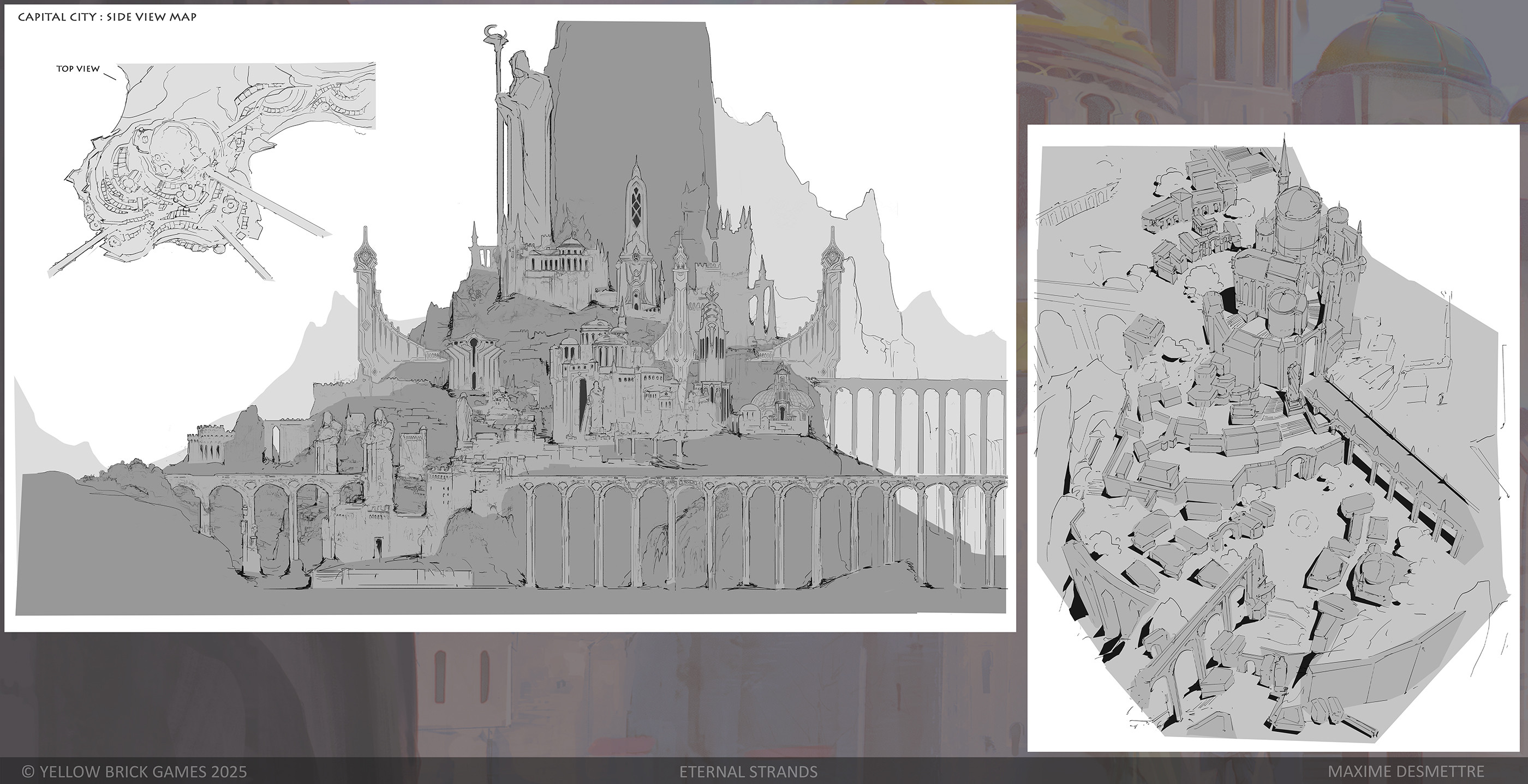 Side schematic view of the city and top-down view of a sector to give a better understanding of the space.