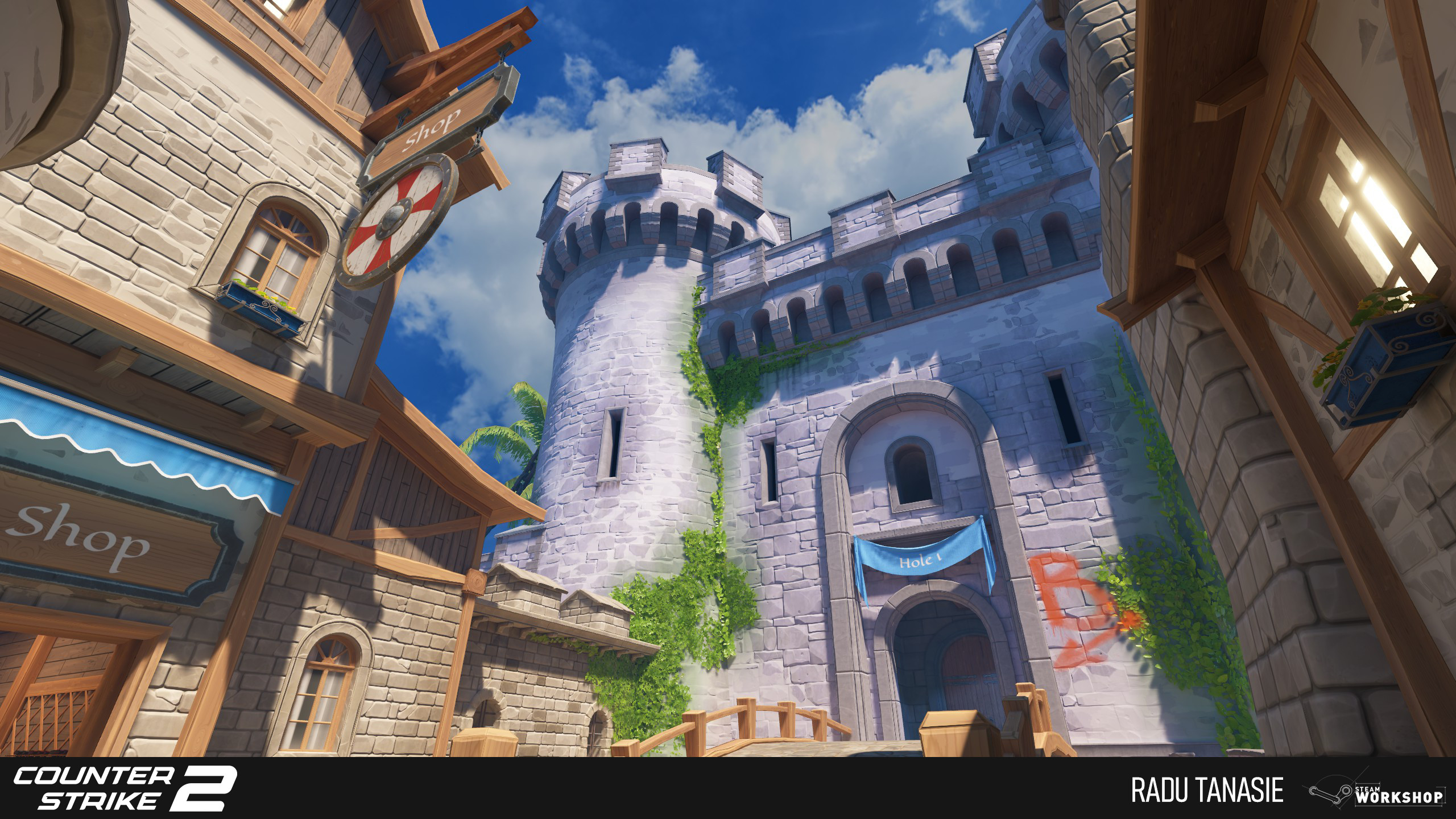 Early on the brainstorming session for the map, we decided to go for a layout that has the castle lined up with the town, entrance and parking lot in order to create a strong leading landmark.