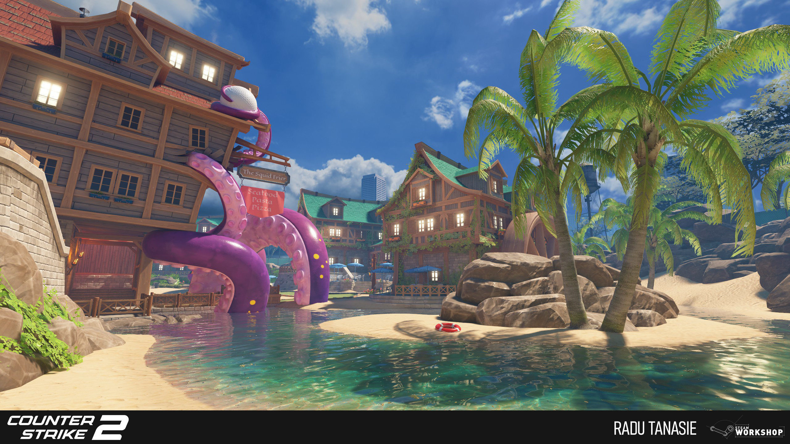 In this shot you can see some of the gameplay area + background area that I was responsible for. The tentacles were blocked out in the editor using splines that we adjusted before exporting them to Florian Wagner to have them finalised.