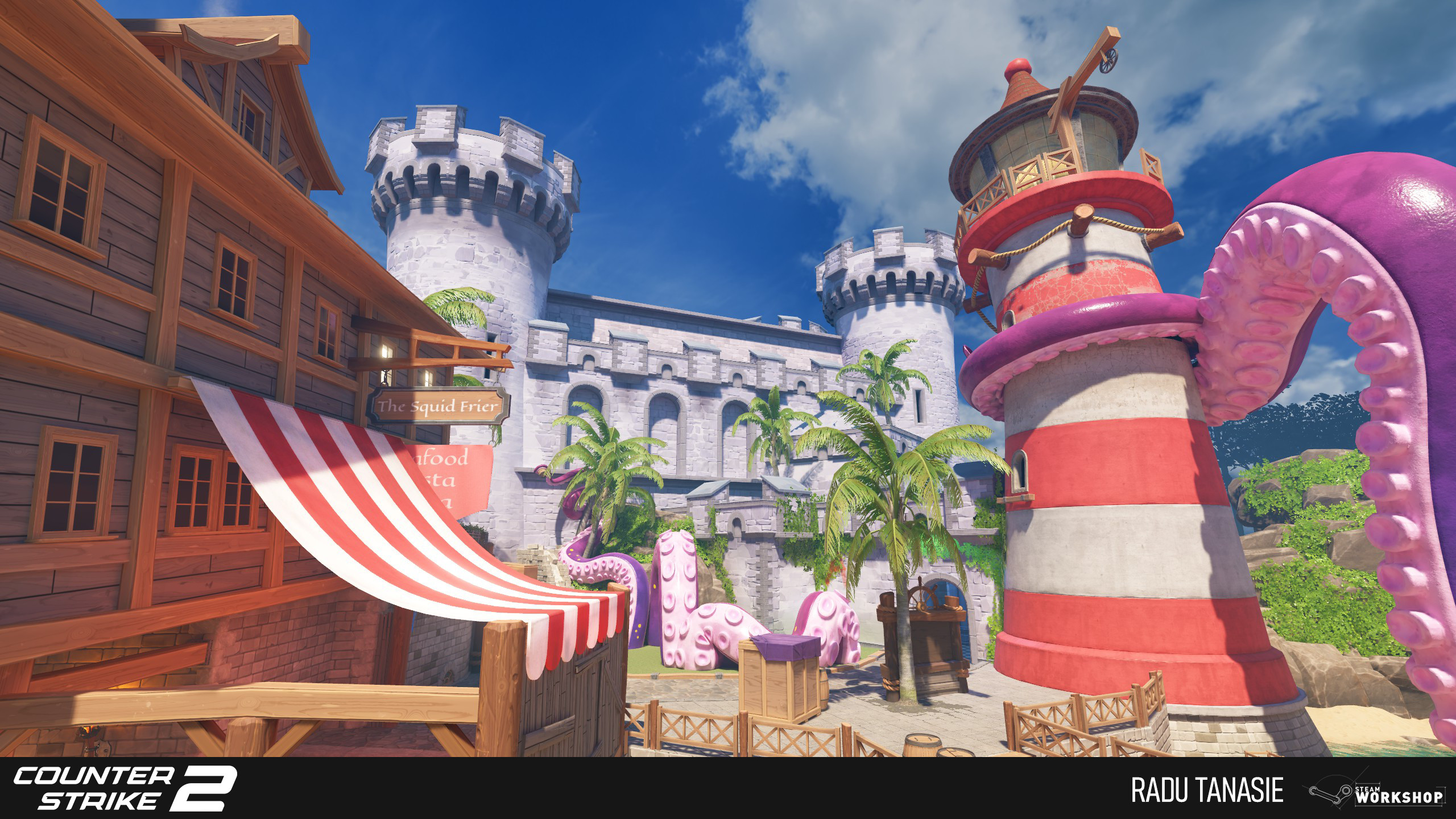 One of the attack/defense areas in the map, A site, where I was responsible for designing and establishing the composition. I wanted to have the castle tower above this area clearly with the lighthouse acting as a strong local landmark.