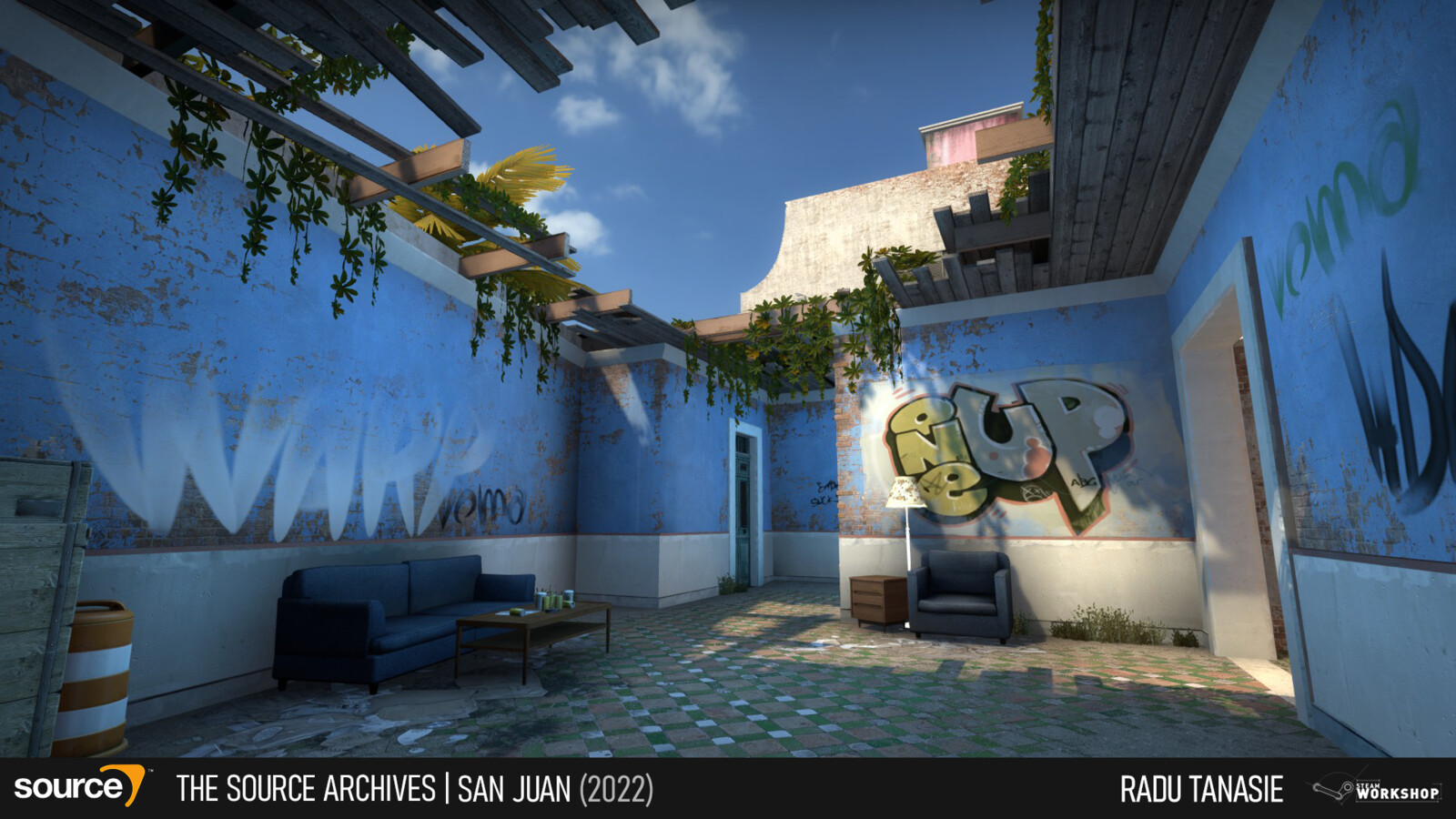 The small ruined blue building leads to the middle of the map.