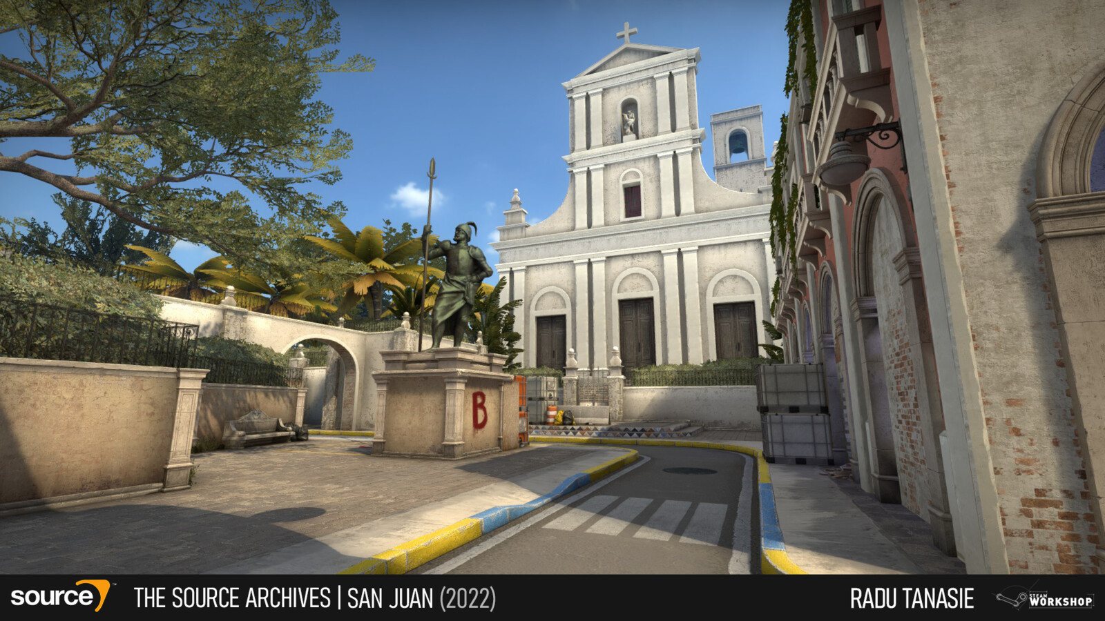 B site takes inspiration from an old town square, with a statue in the middle and a cathedral in the background.