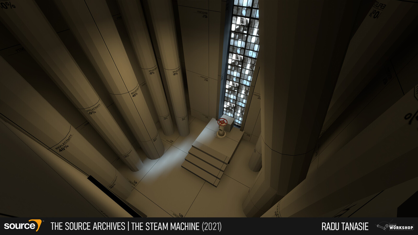 The main objective in the level, placed at the top of a tall building, is the red valve that controls the steam machine, a sprawling conglomerate of pipes that keep the town foggy.
