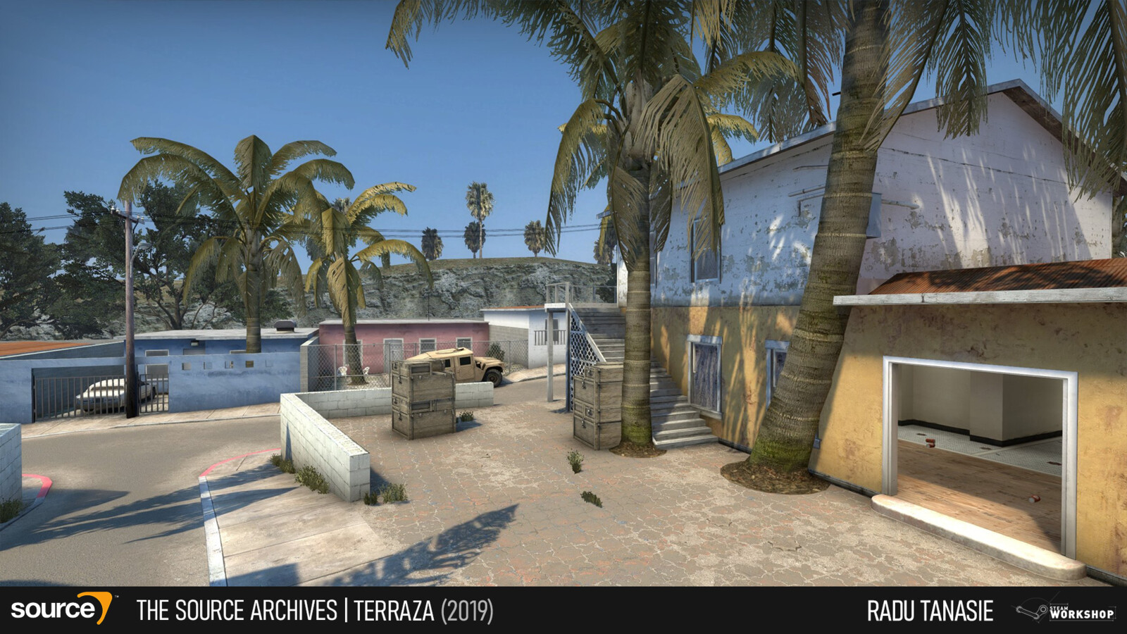 The idea was to have the two teams fight over a slightly vertical space with a building and its terrace in the middle.