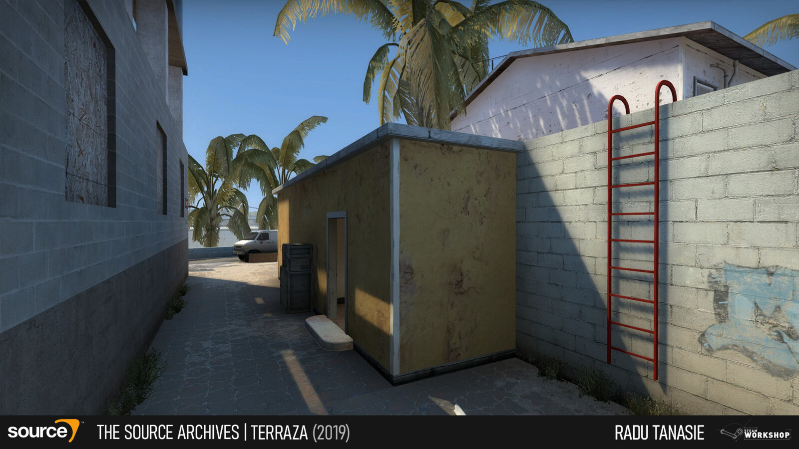 The right chokepoint is more straightforward and easily defendable. However, to spice things up a bit, I added a ladder that allows players coming from the opposing end to climb on the roof if they manage to bypass the initial contact sightline.