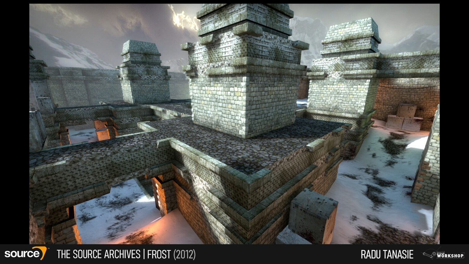 Frost is an arena map for Counter-Strike: Global Offensive designed as part of a winter contest on FPS Banana. The idea was to clash two themes,  aztec temples and snowy mountains.