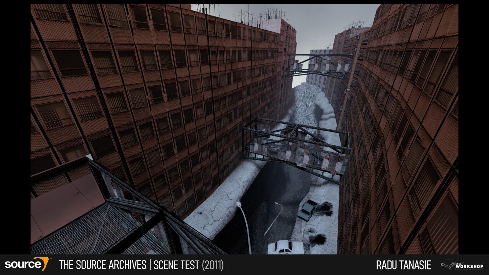 Test scene for the GravityGunVille contest where I was experimenting with the idea of a city streets destroyed by a conflict, forcing the inhabitans to navigate through a series of bridges between buildings.