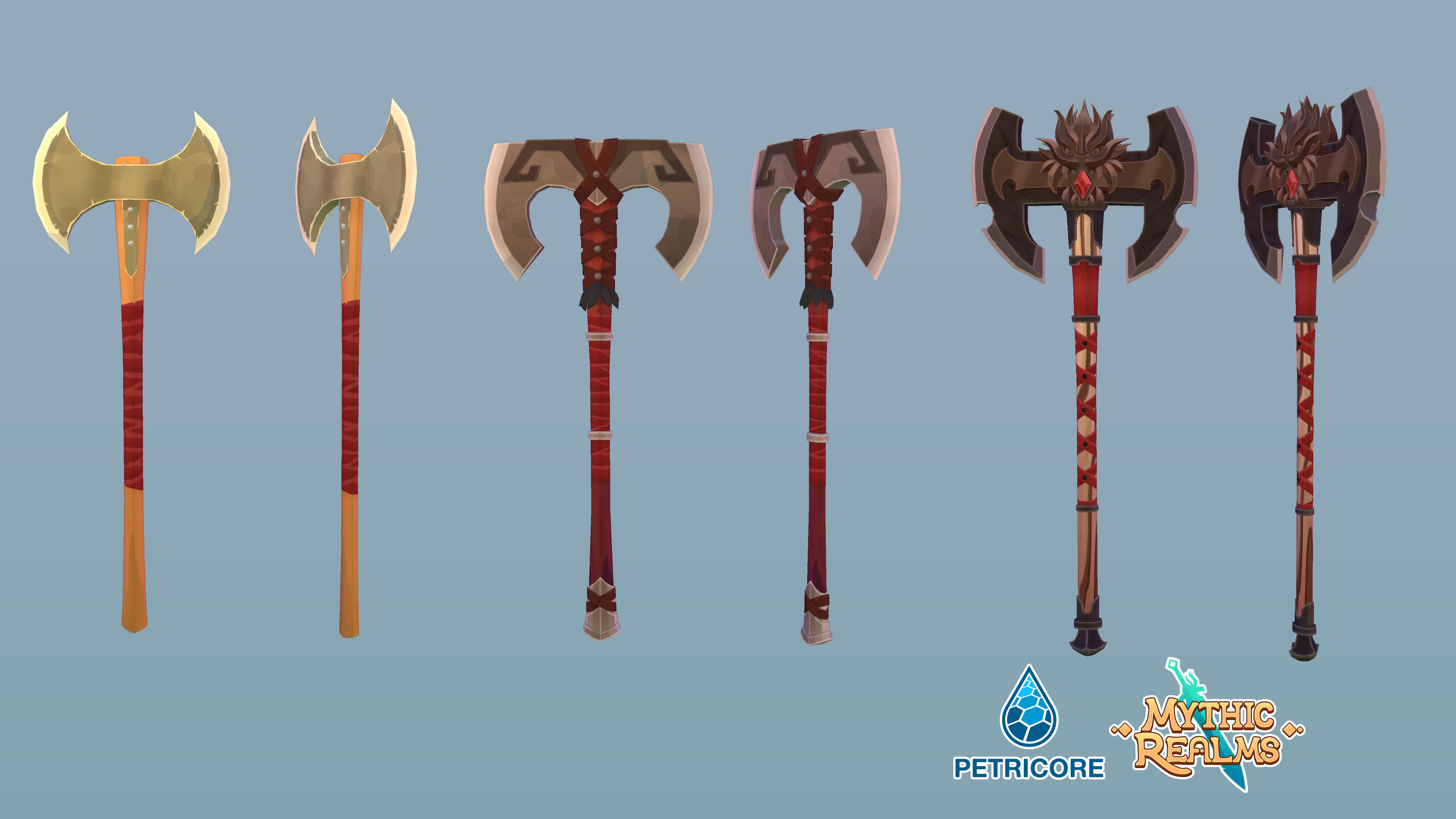 Tin, Iron, and Obsidian Battleaxe models. Each model is recolored 2-3 times with other materials.