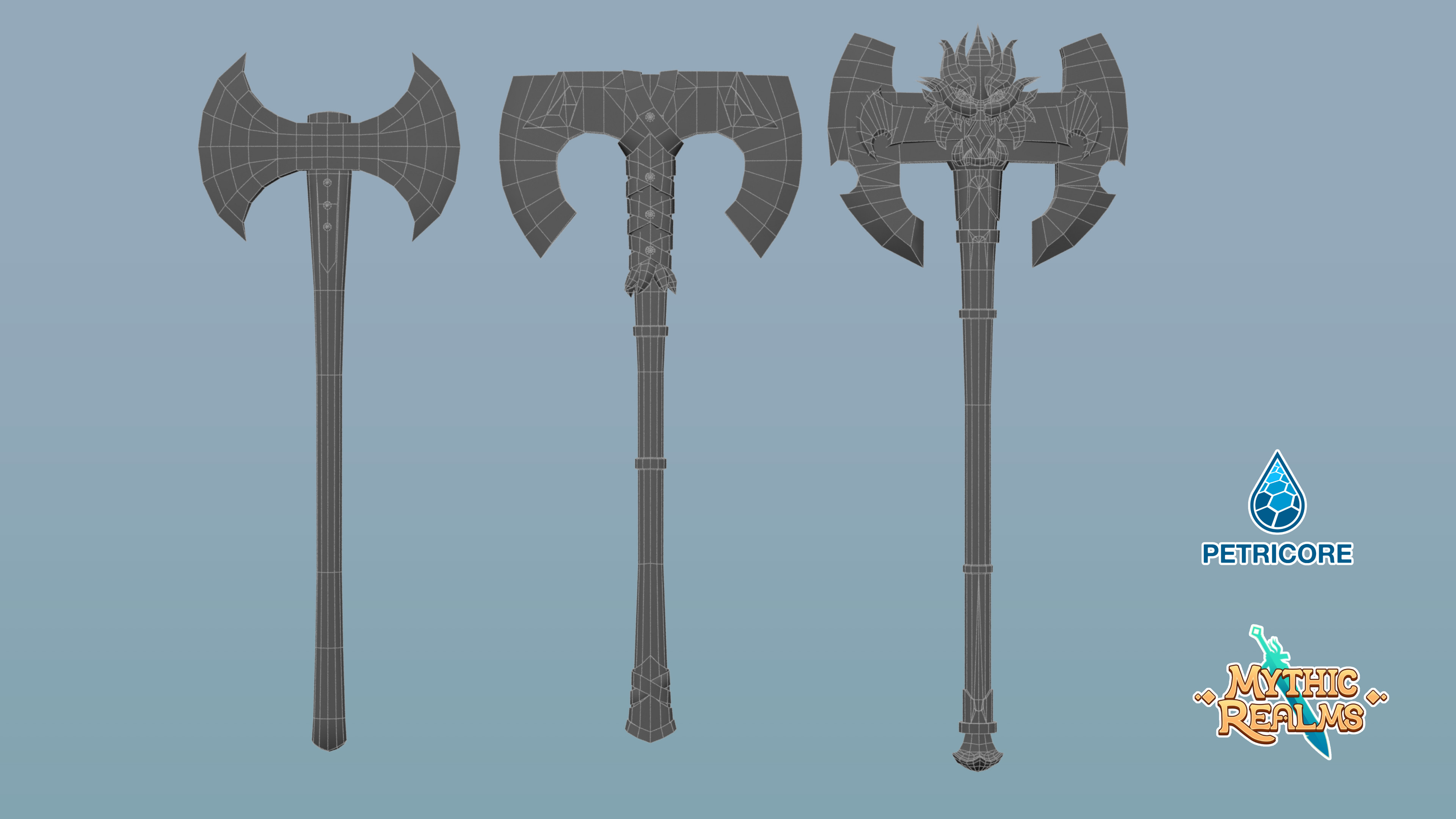 Wireframes. From left to right: 0.4k Polys, 1.4k Polys, 3.2k Polys 