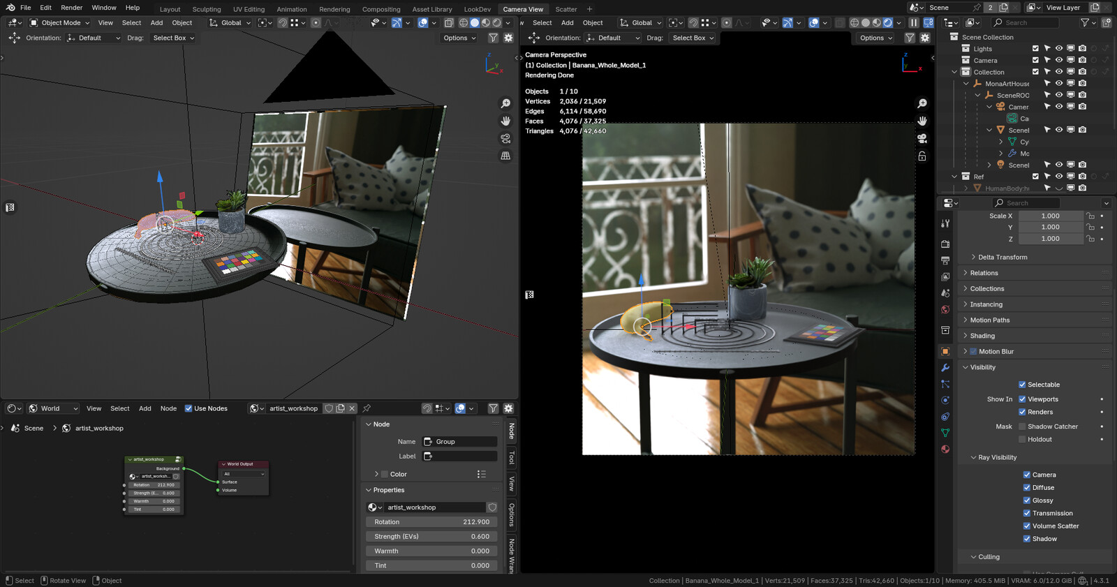 This is how the scene ultimately is exported, as a projected texture on a flat plane with the table surface cut out to define the playable bounds when exported to unity.