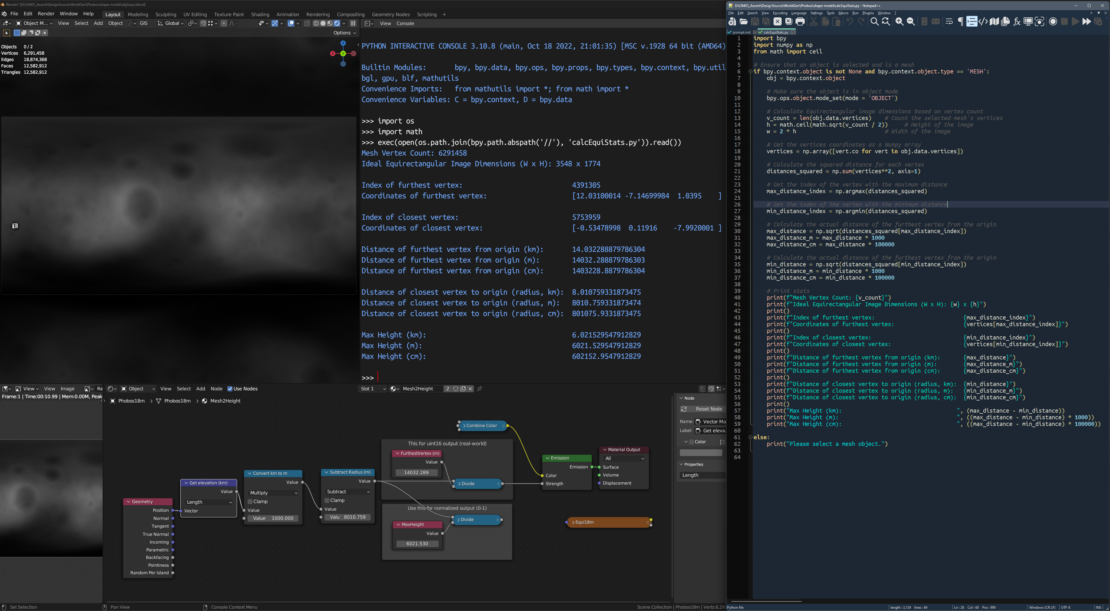 I wrote a python script to extract spatial data from a DEM (heightmap) of Phobos using Blender