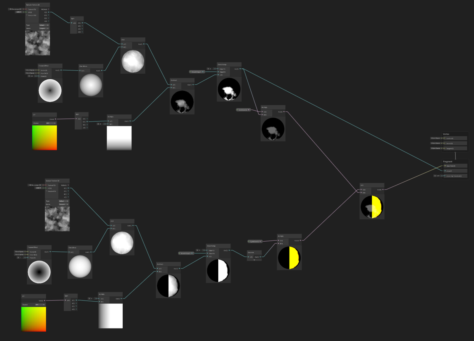 Shader graph for the explosion. The top half controls the smoke as it fades out the lower half controls the fire.