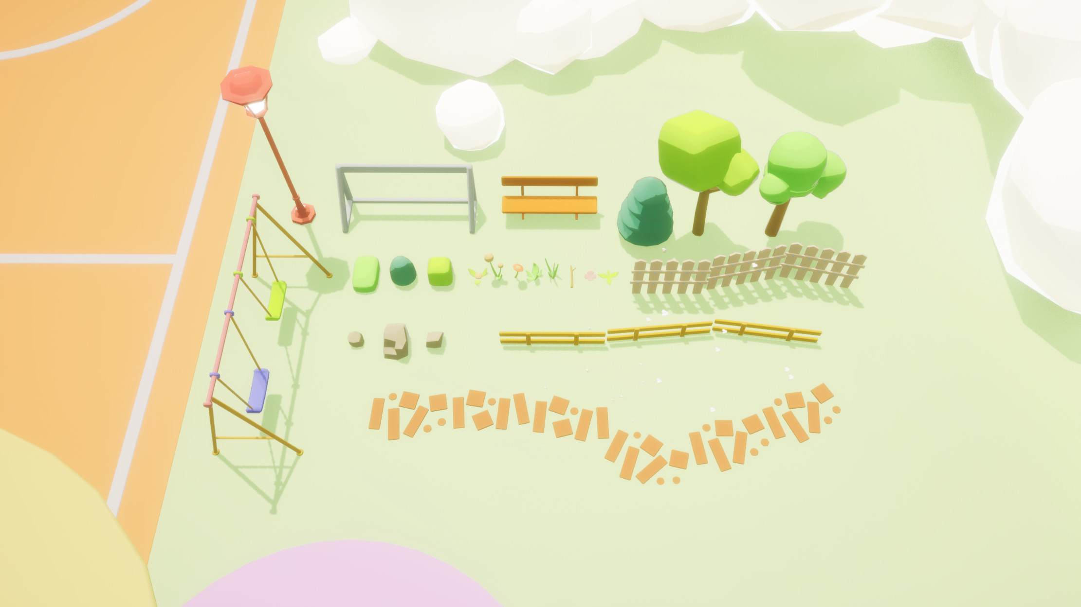 My sssets: ground pieces, swing, lamp, court door, bench, foliages, fences, road, cloud. 