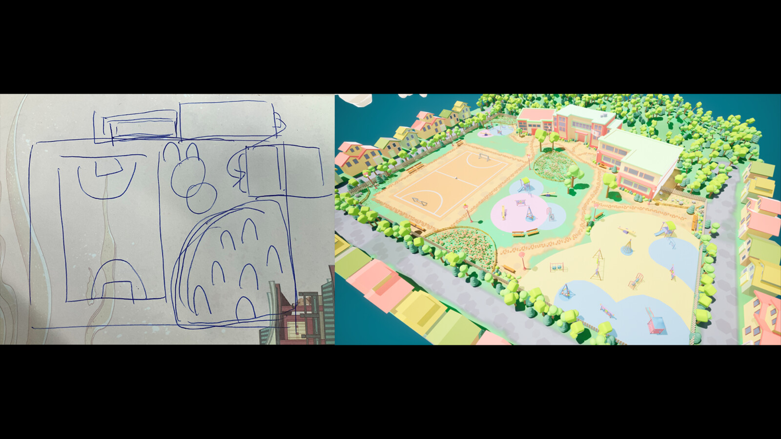 My rough concept sketch vs Our final level.