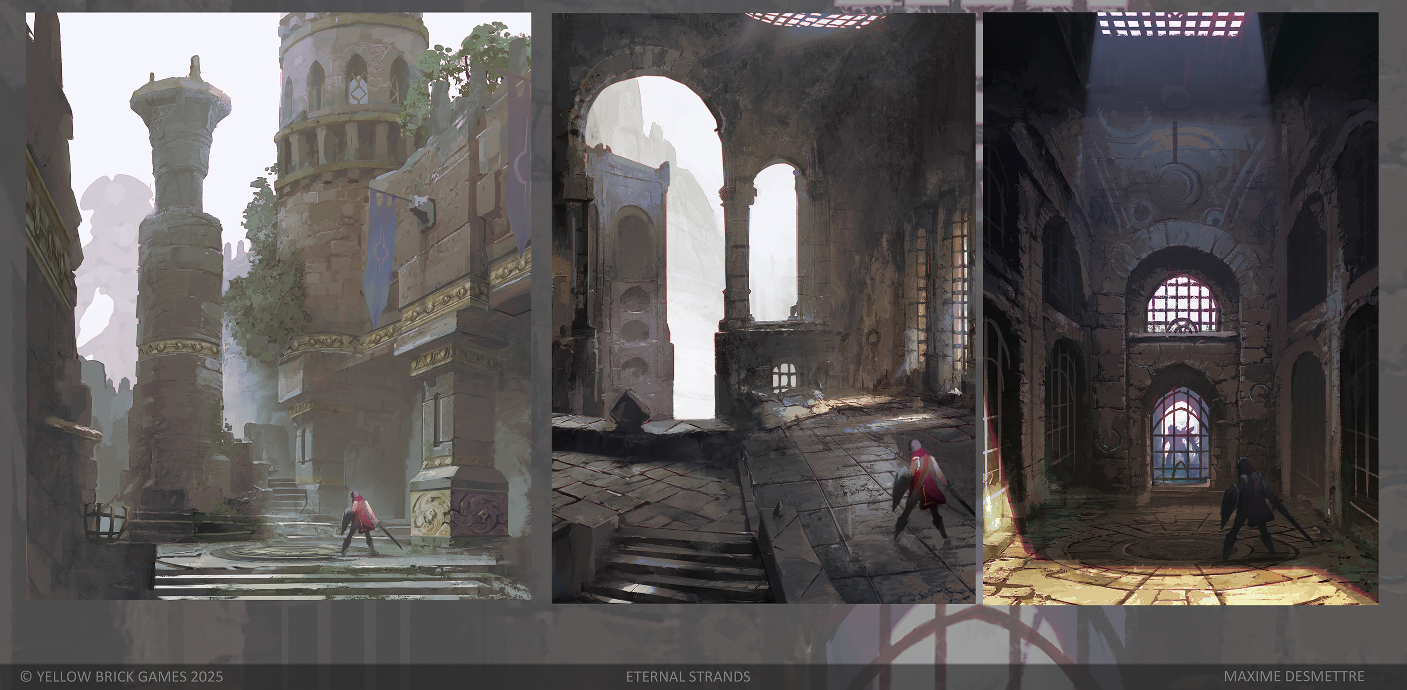 Courtyard visual exploration (left), Prison corridor (center), prison cells (right)