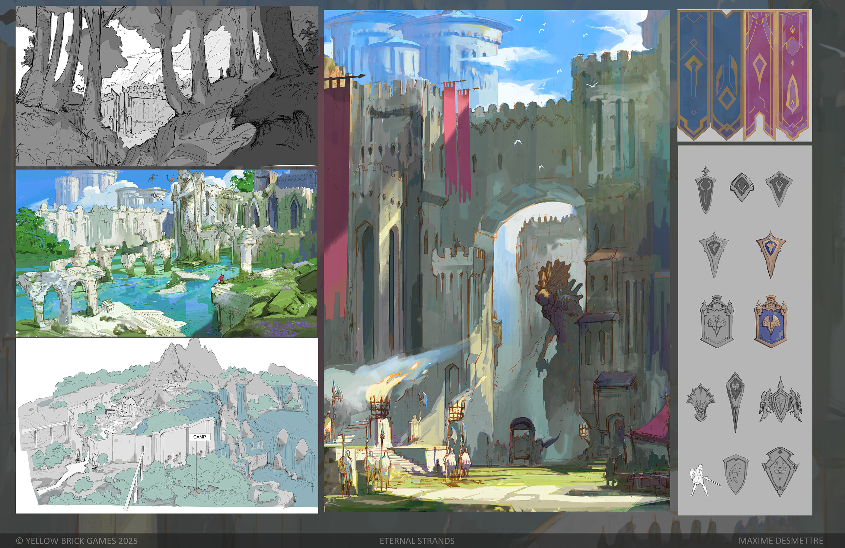 Early thematic exploration (quick sketches) Including a flooded courtyard (that could be fun to play !) 