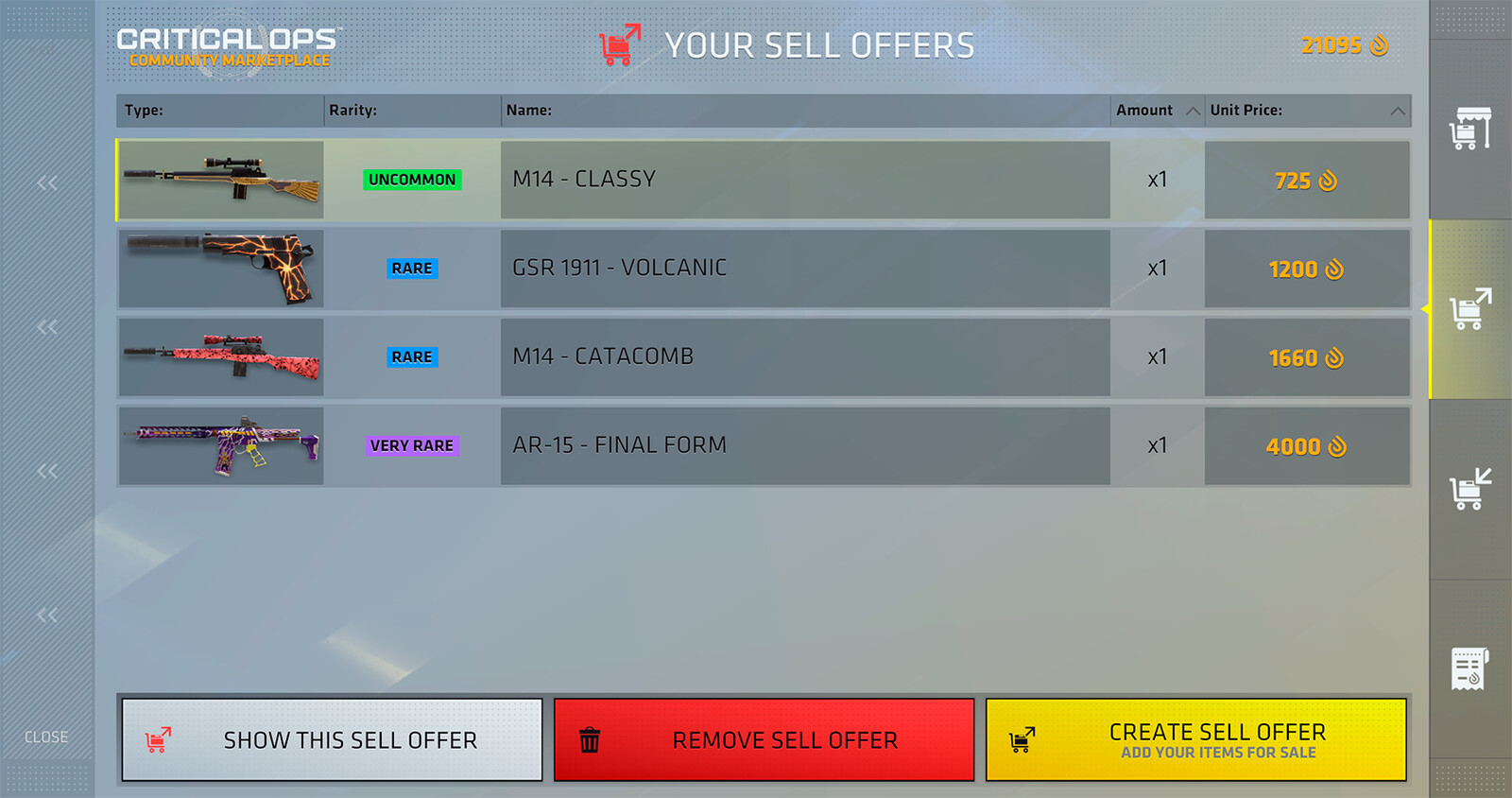 User created offers view.